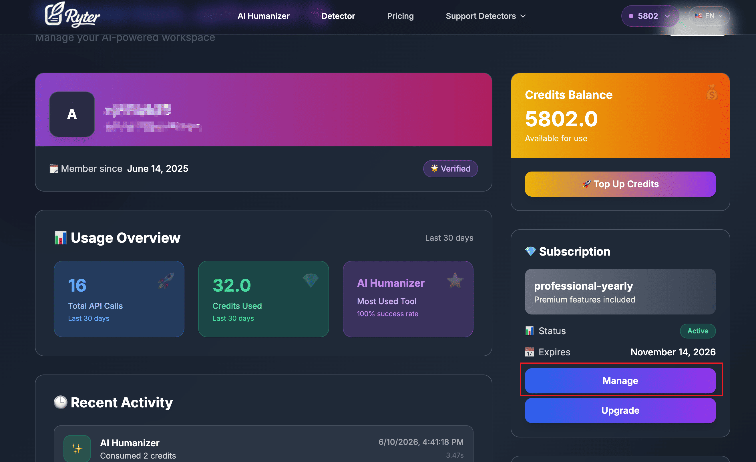 Ryter Pro account page showing where to manage and cancel a subscription