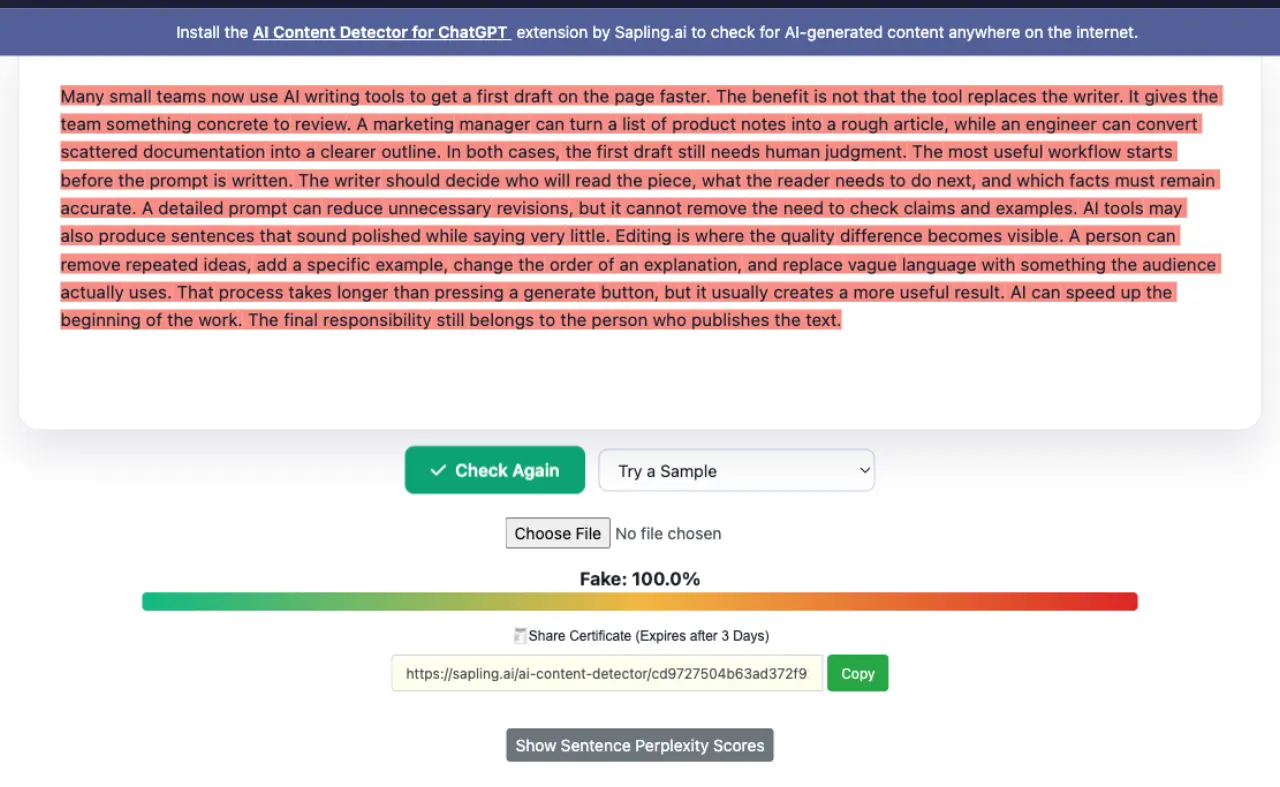 Sapling AI detector result for the synthetic AI control sample, showing Fake 100.0 percent