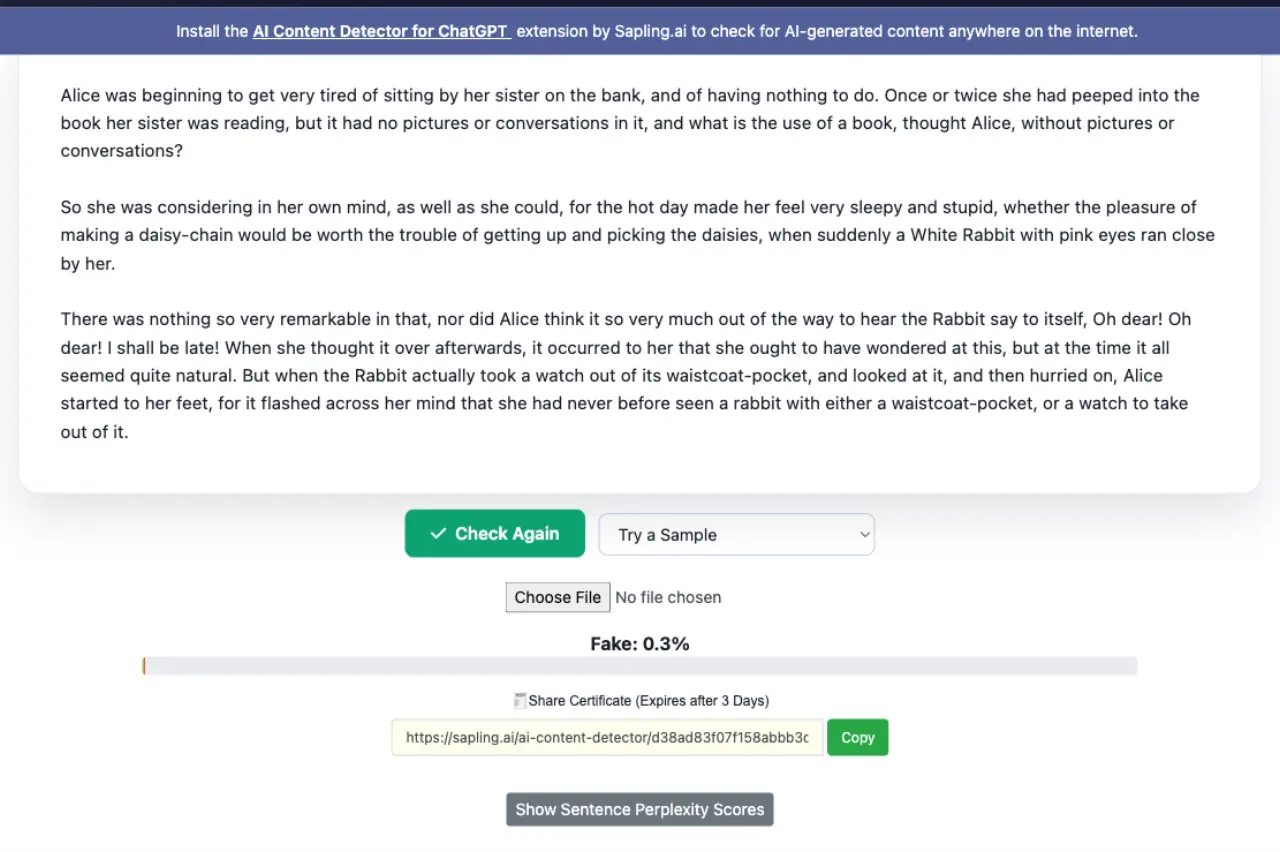 Sapling AI detector result for the public-domain literary control sample, showing Fake 0.3 percent