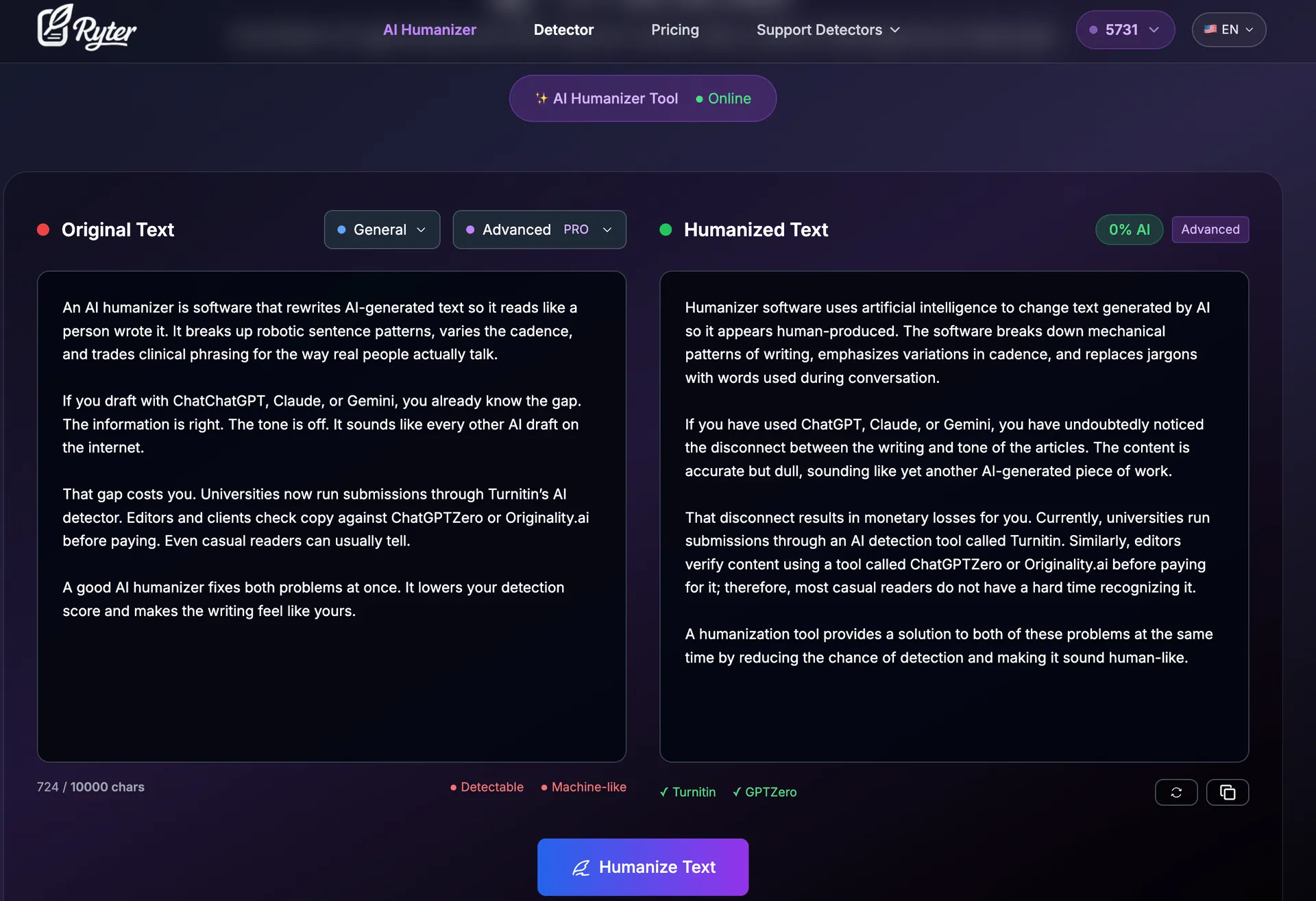Original and humanized versions of the sample shown in Ryter Pro