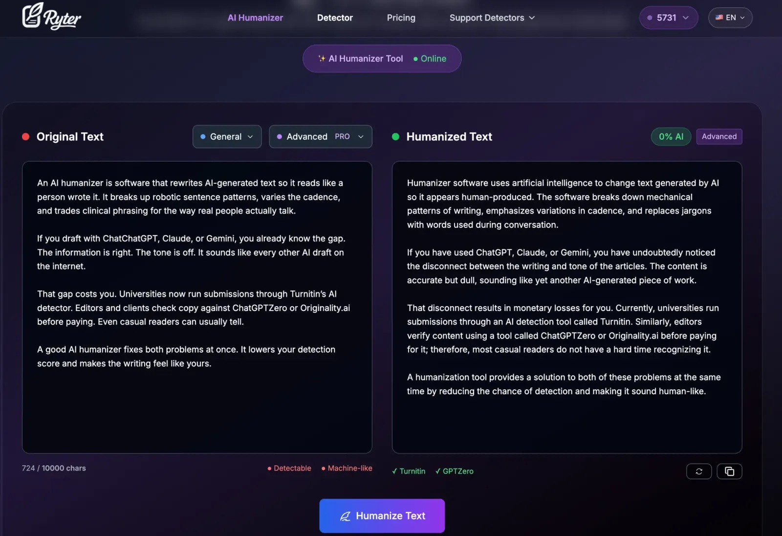 Ryter Pro AI Humanizer showing an original student-style draft beside a rewritten version with detector indicators