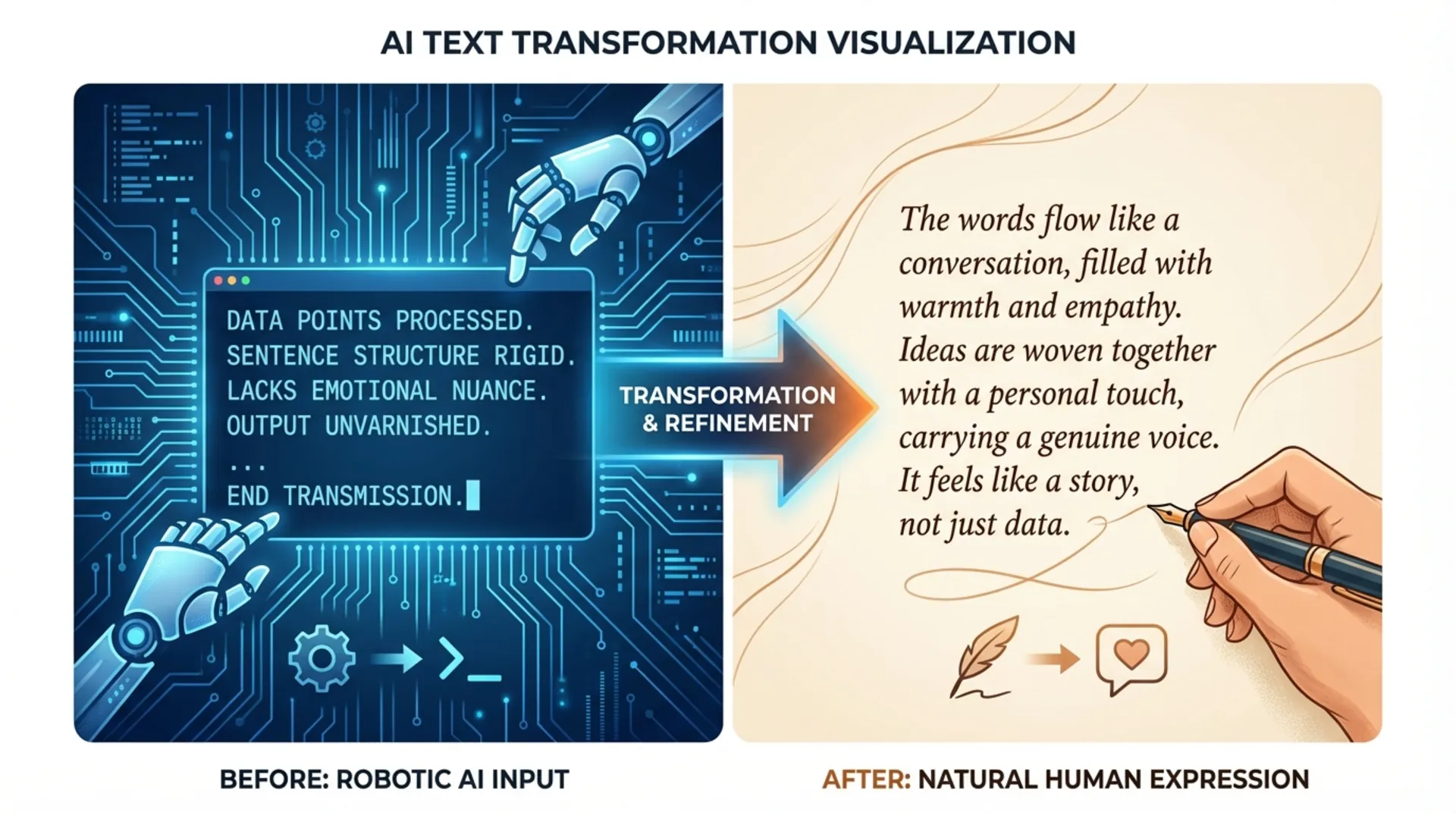 Before and after comparison showing AI text transformation into natural human writing