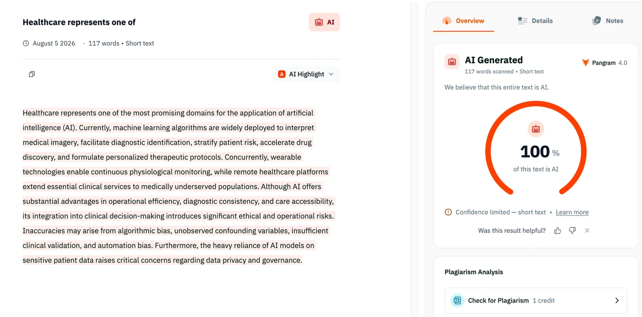 Pangram AI detector showing 100 percent AI for a 117-word healthcare passage