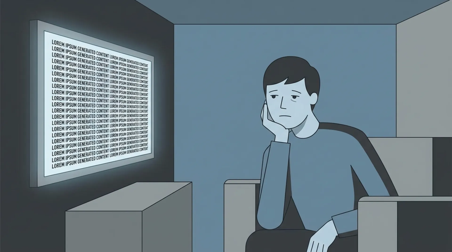 A bored person staring at a screen filled with repetitive AI-generated text