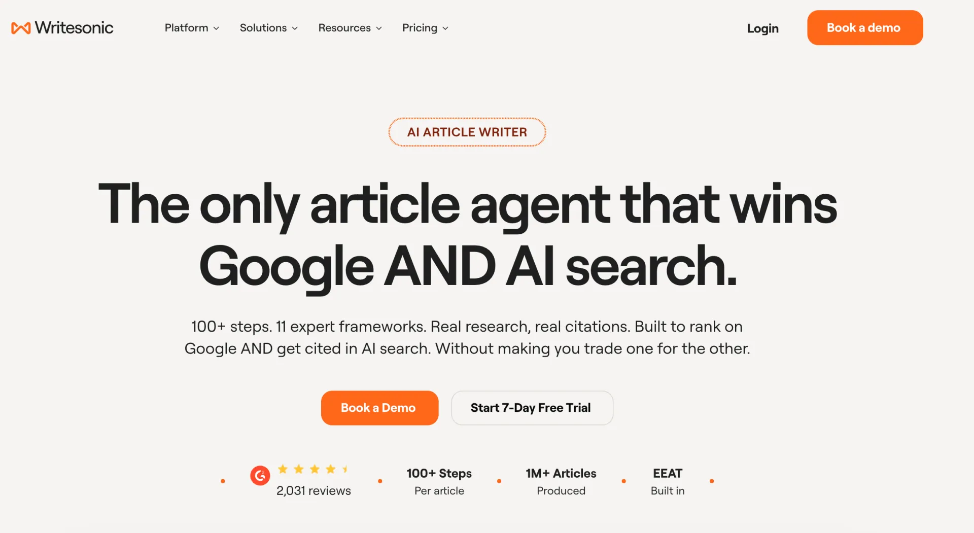 Writesonic homepage showing its AI Article Writer, free trial option, and content platform navigation