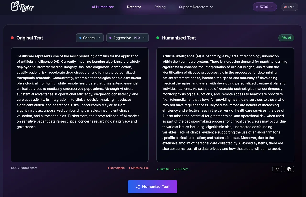Ryter Pro Aggressive mode rewriting the healthcare AI detection test passage