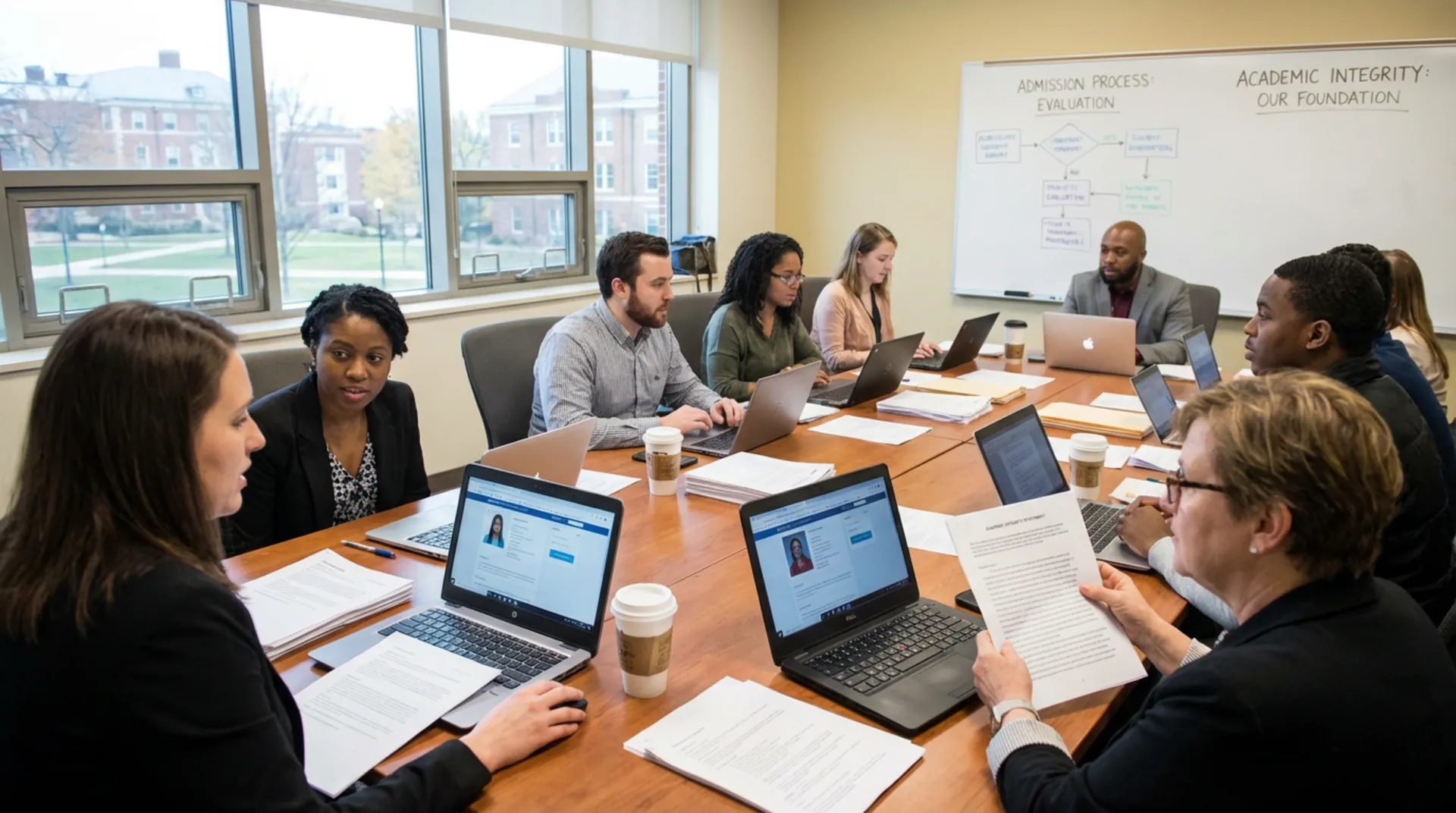 College admissions officers reviewing student applications and essays