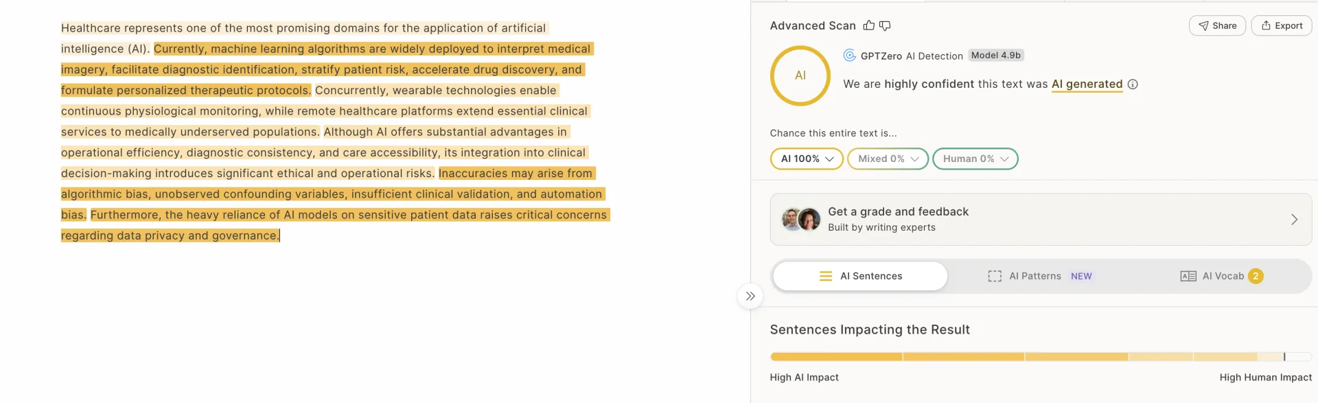 GPTZero Model 4.9b showing a 100 percent AI result for the original healthcare passage