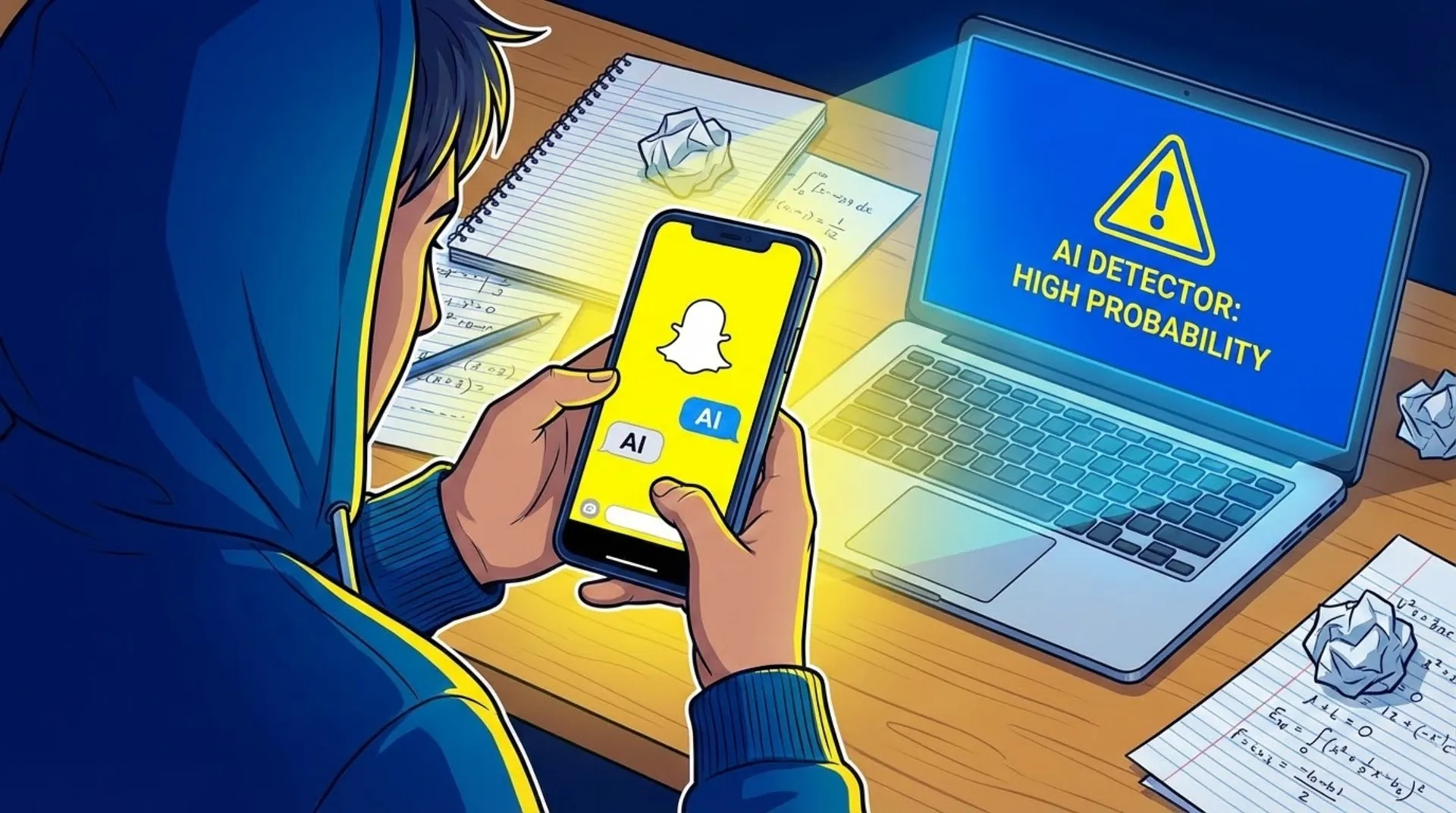Student using Snapchat AI on a smartphone next to a laptop showing an AI detector warning