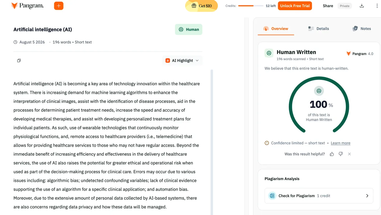 Pangram AI detector showing 100 percent human for the Aggressive Ryter Pro rewrite