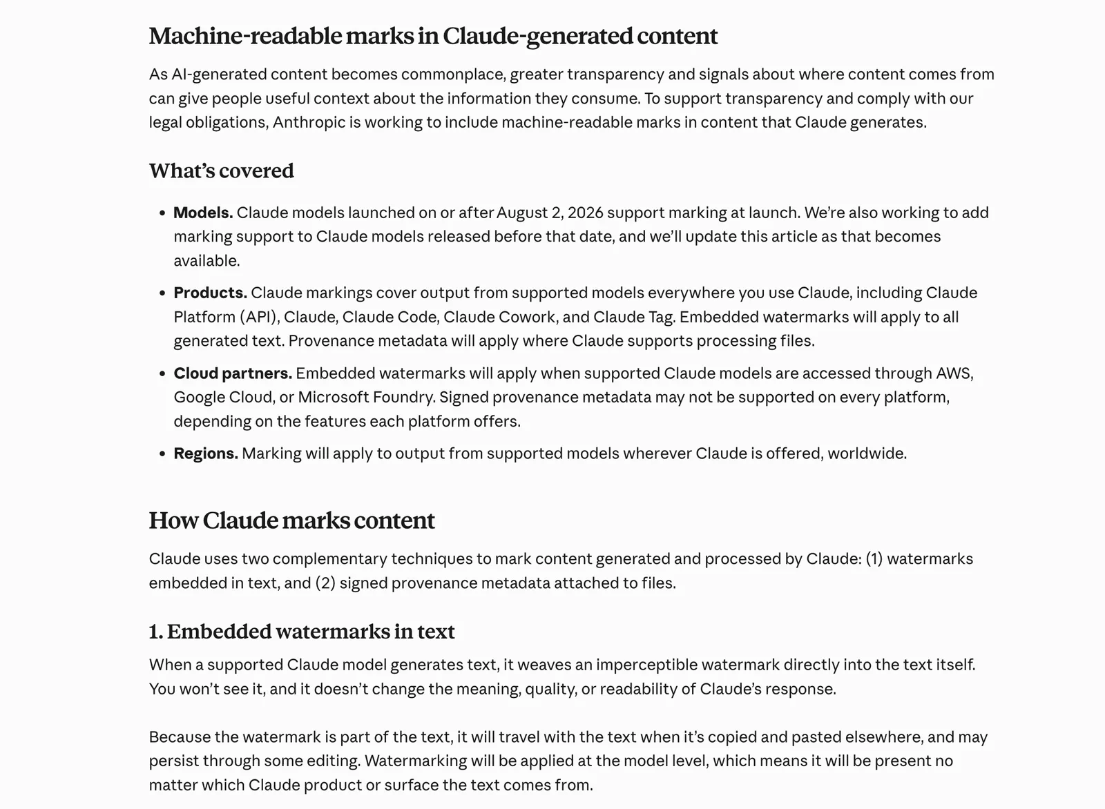 Anthropic documentation describing machine-readable marks in Claude-generated content