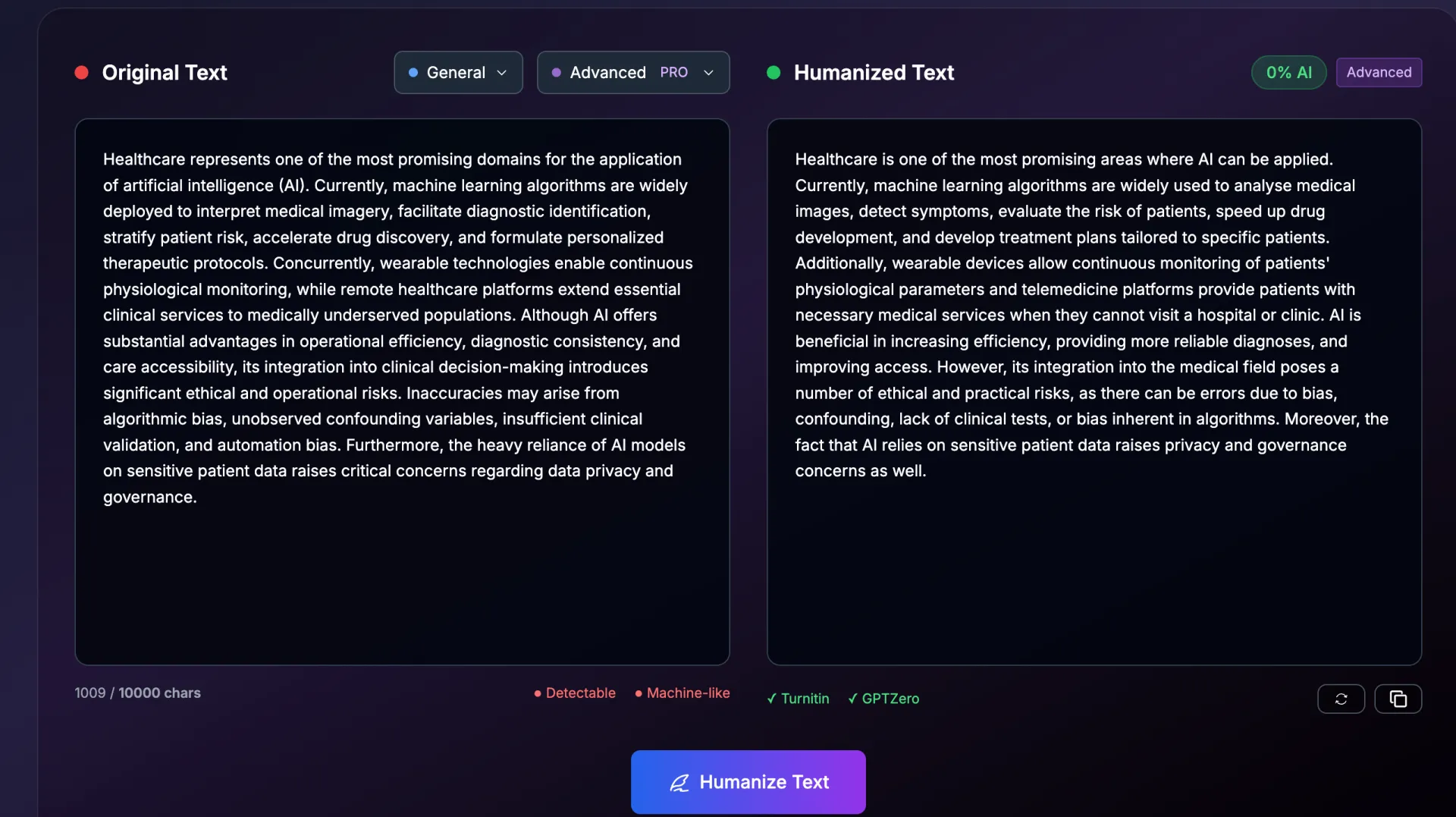Ryter Pro comparing the original healthcare passage with the humanized version