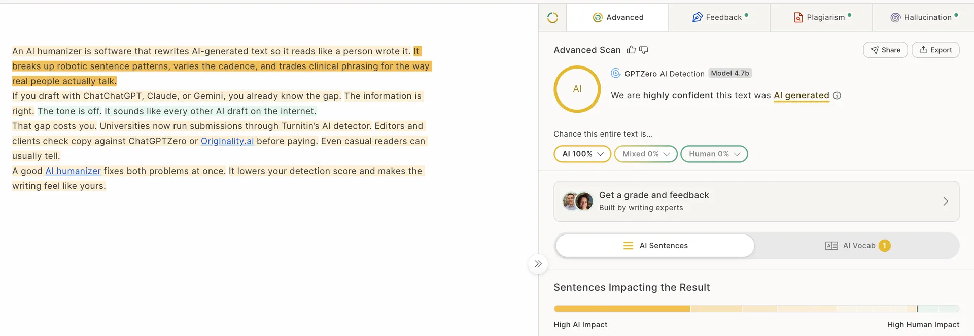GPTZero rating the original sample as 100 percent AI-generated