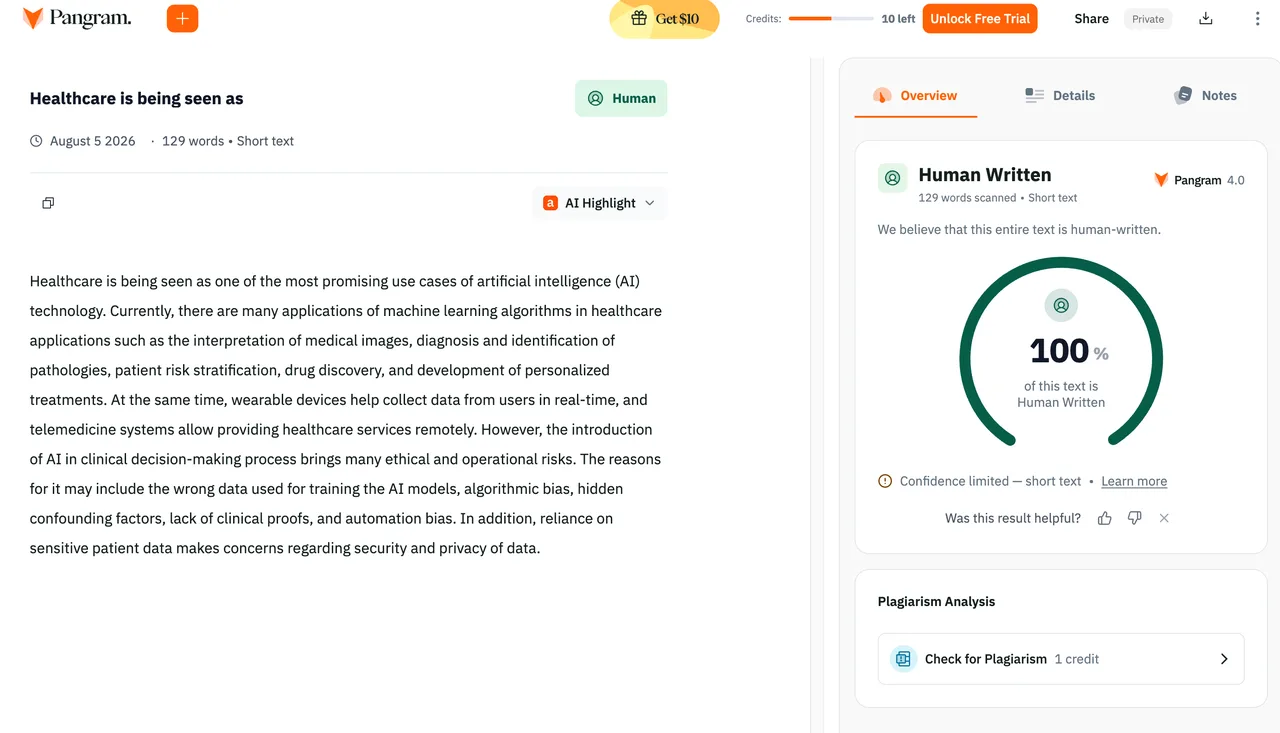 Pangram AI detector showing 100 percent human for the Basic Ryter Pro rewrite