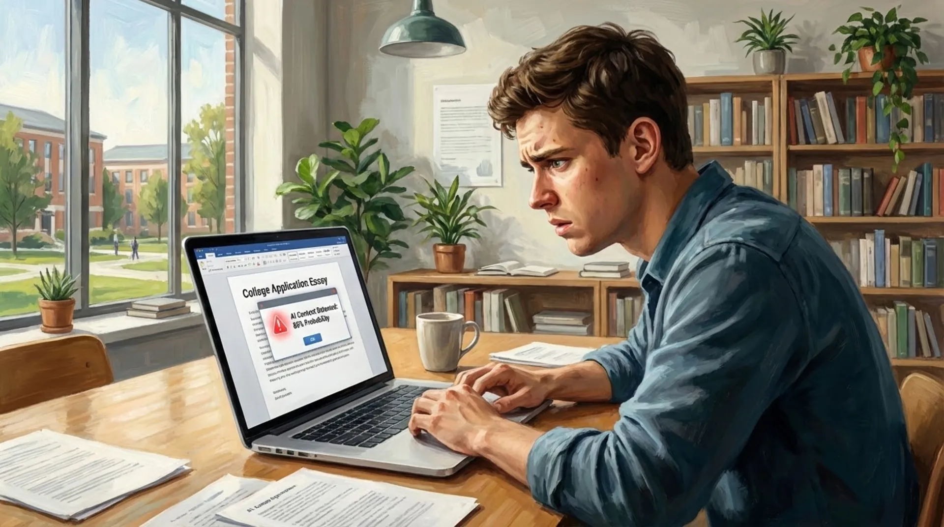 Student writing college application essay with concerns about AI detection