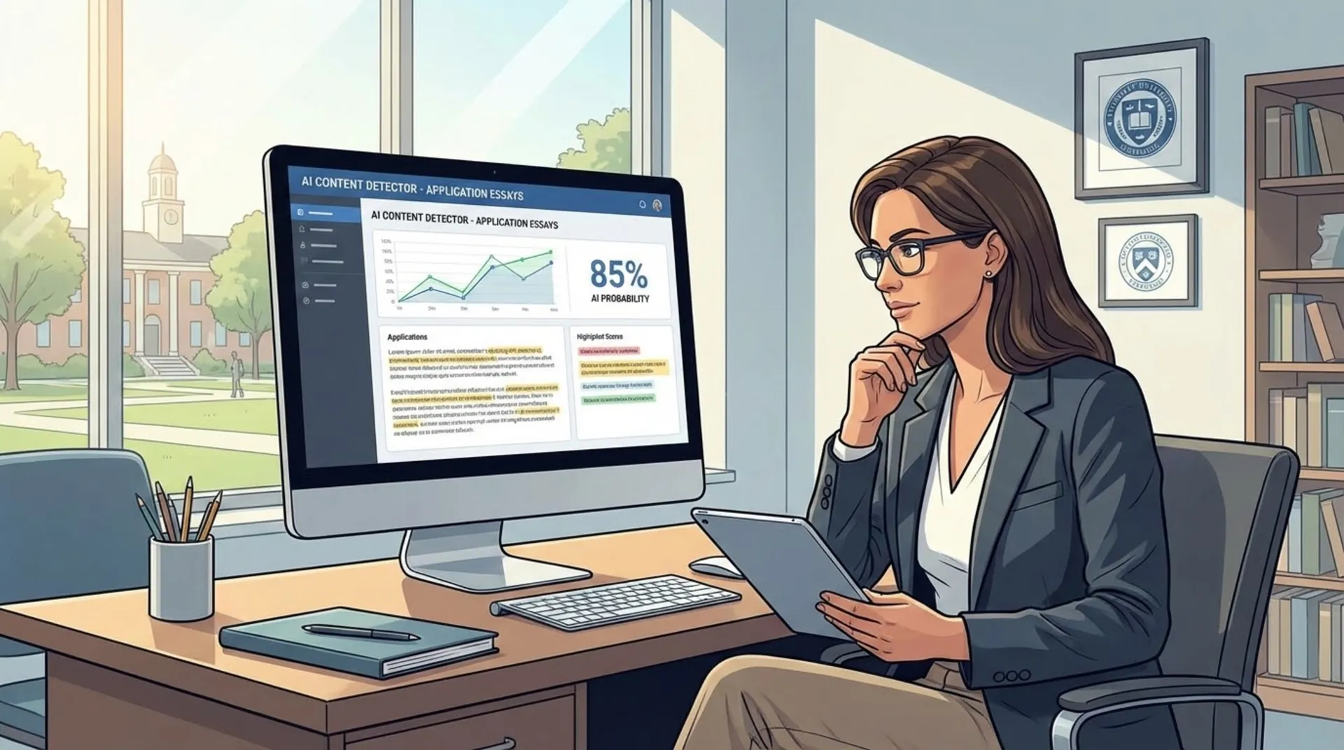 College admissions officer reviewing application essays with AI detection software