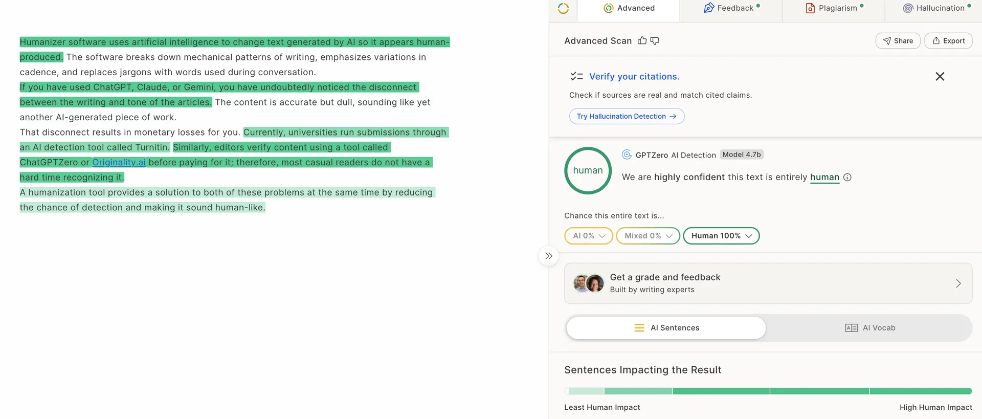 GPTZero rating the Ryter Pro rewritten sample as 100 percent human