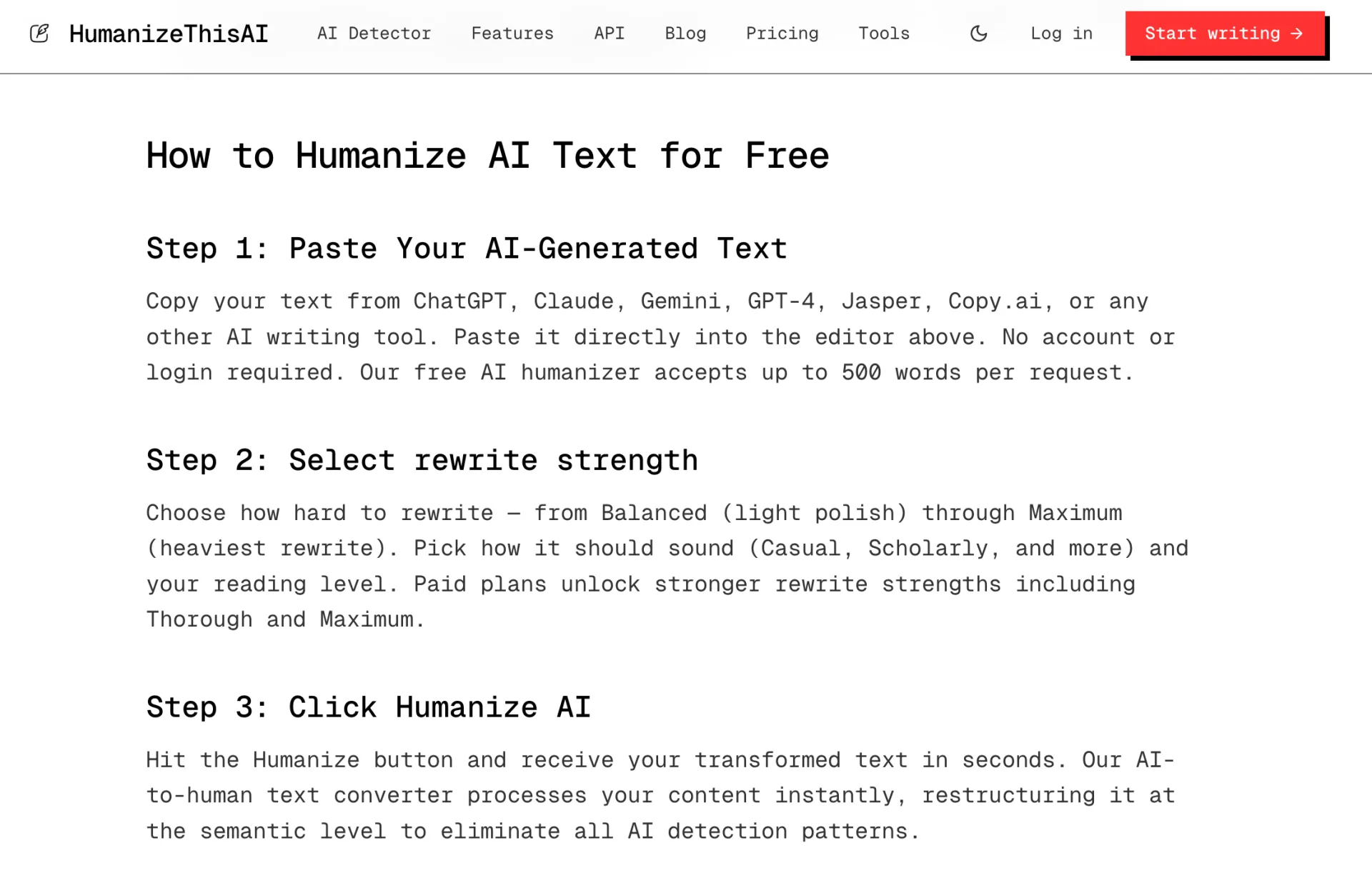 HumanizeThisAI free AI text humanizer walkthrough showing the three-step workflow