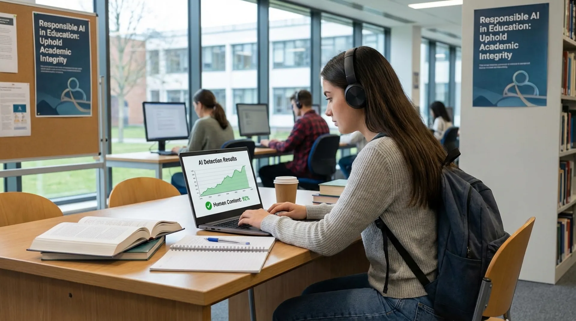 Student reviewing AI detection results on a laptop in a modern study environment, checking acceptable AI percentage thresholds