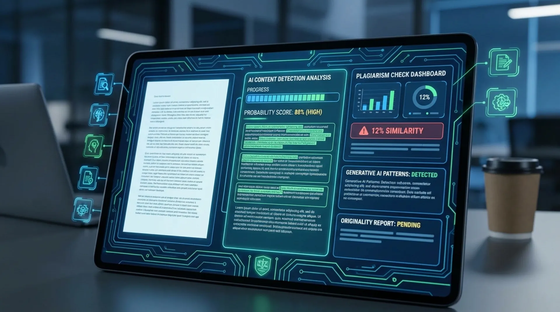 AI content detection dashboard showing document analysis results and probability score