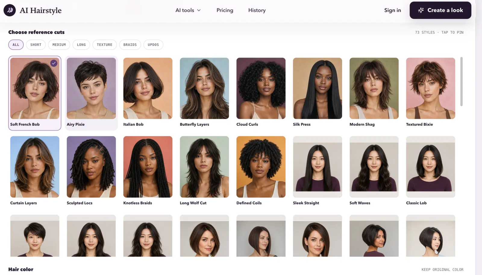 AI hairstyle reference cuts interface showing short, medium, long, textured, braided, and updo styles