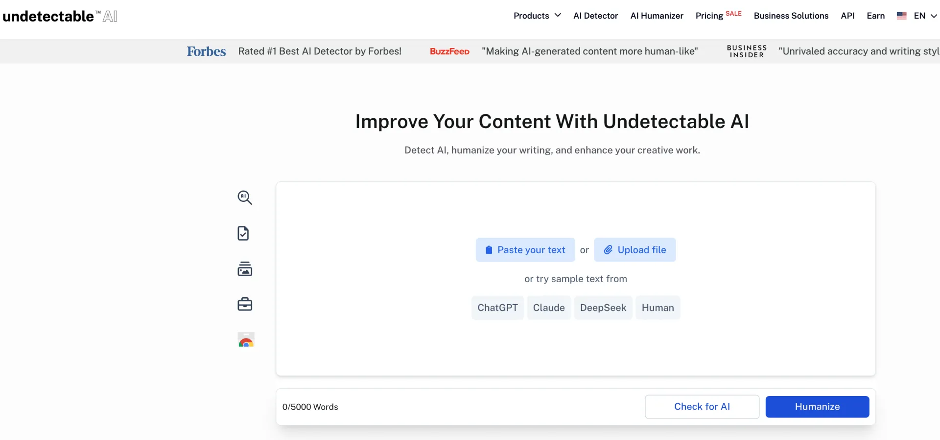 Undetectable AI homepage showing text input, sample prompts, AI detector, and Humanize controls