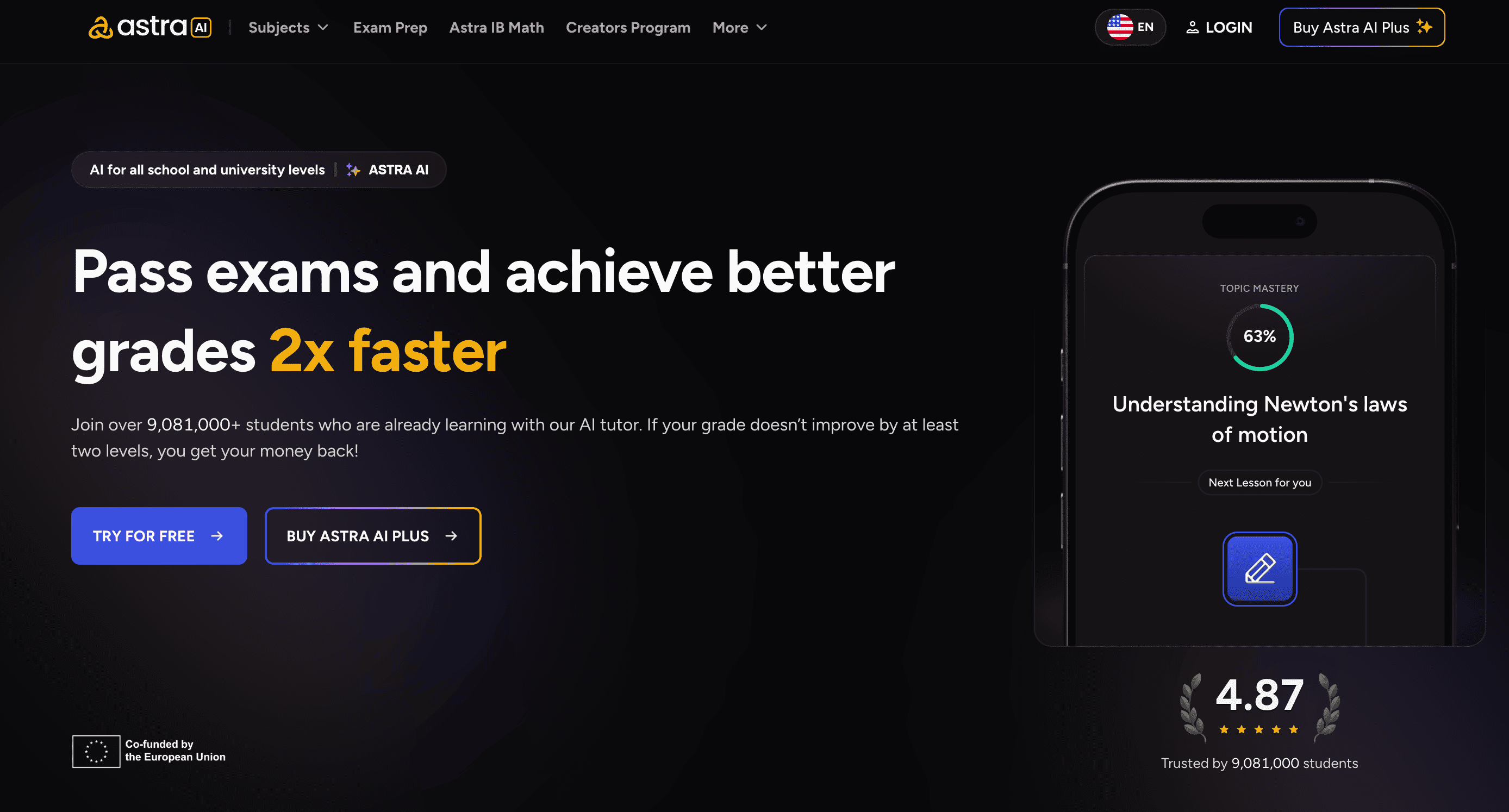 Astra AI homepage screenshot showing AI tutor positioning for students