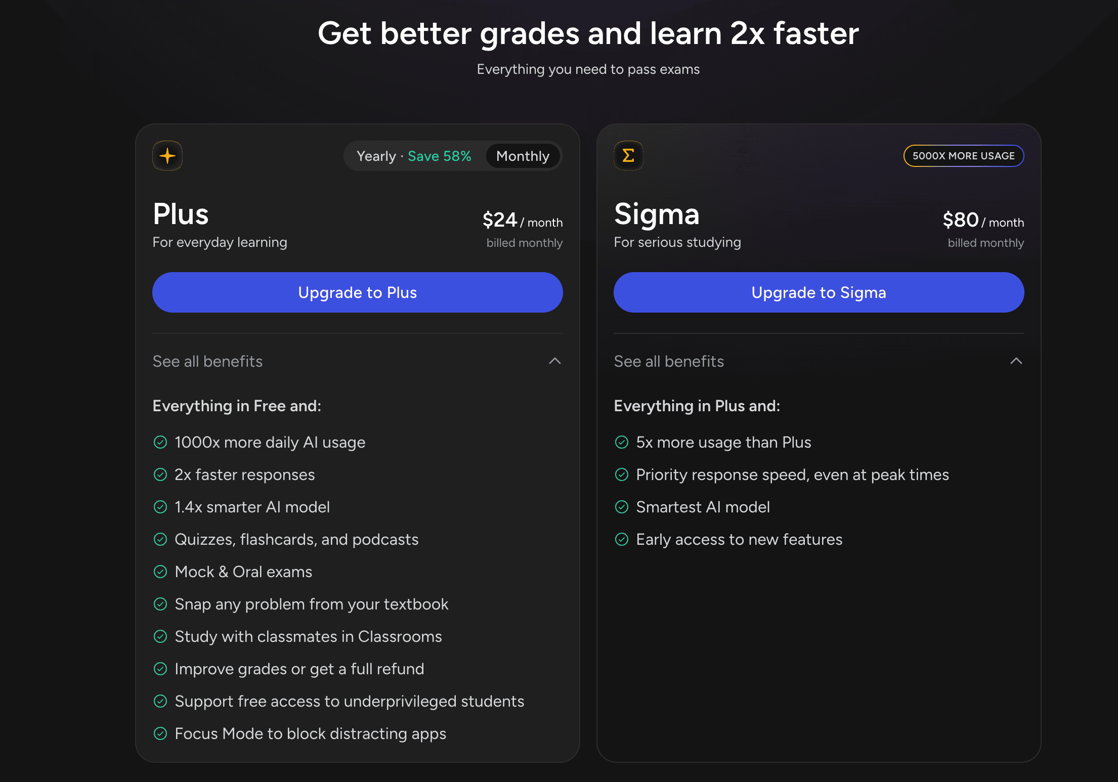 Astra AI pricing screenshot showing available plan options