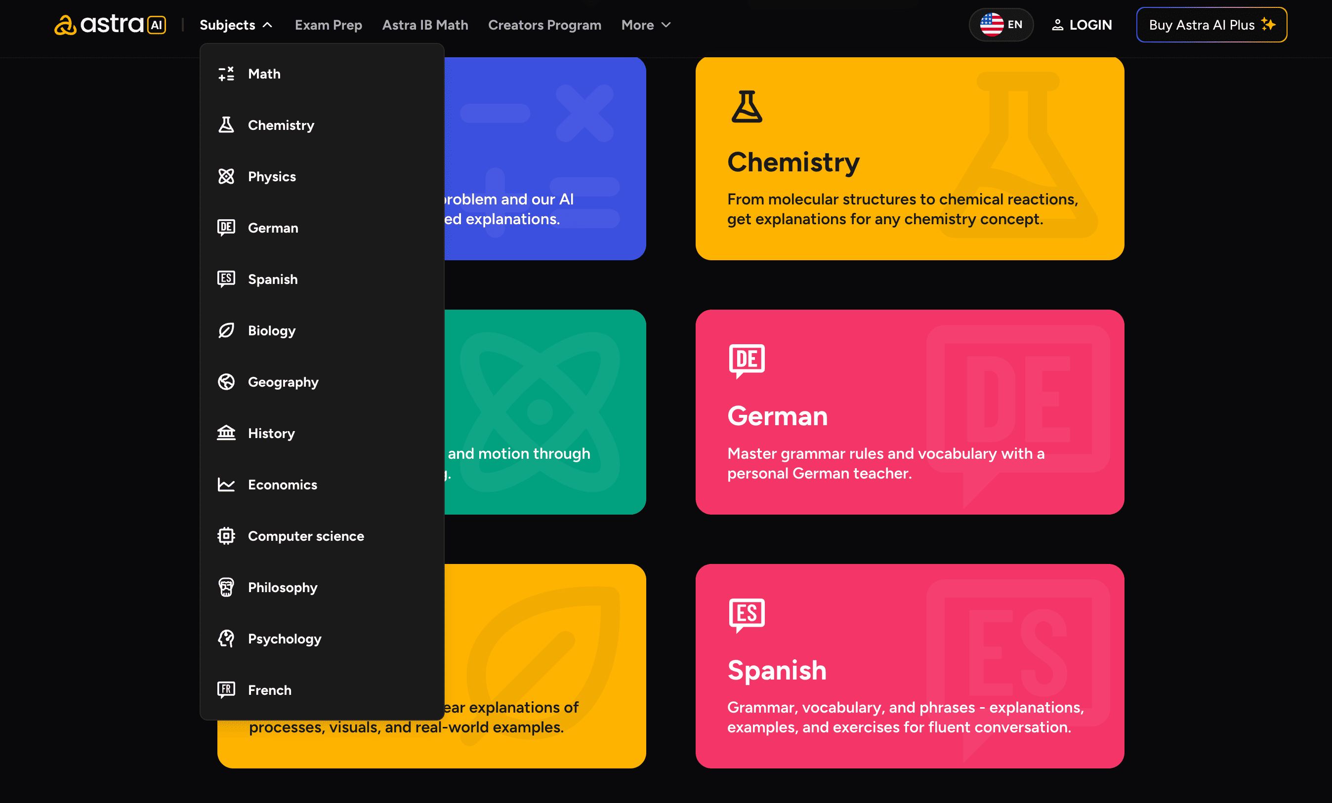 Astra AI subjects screenshot showing supported school and university subjects