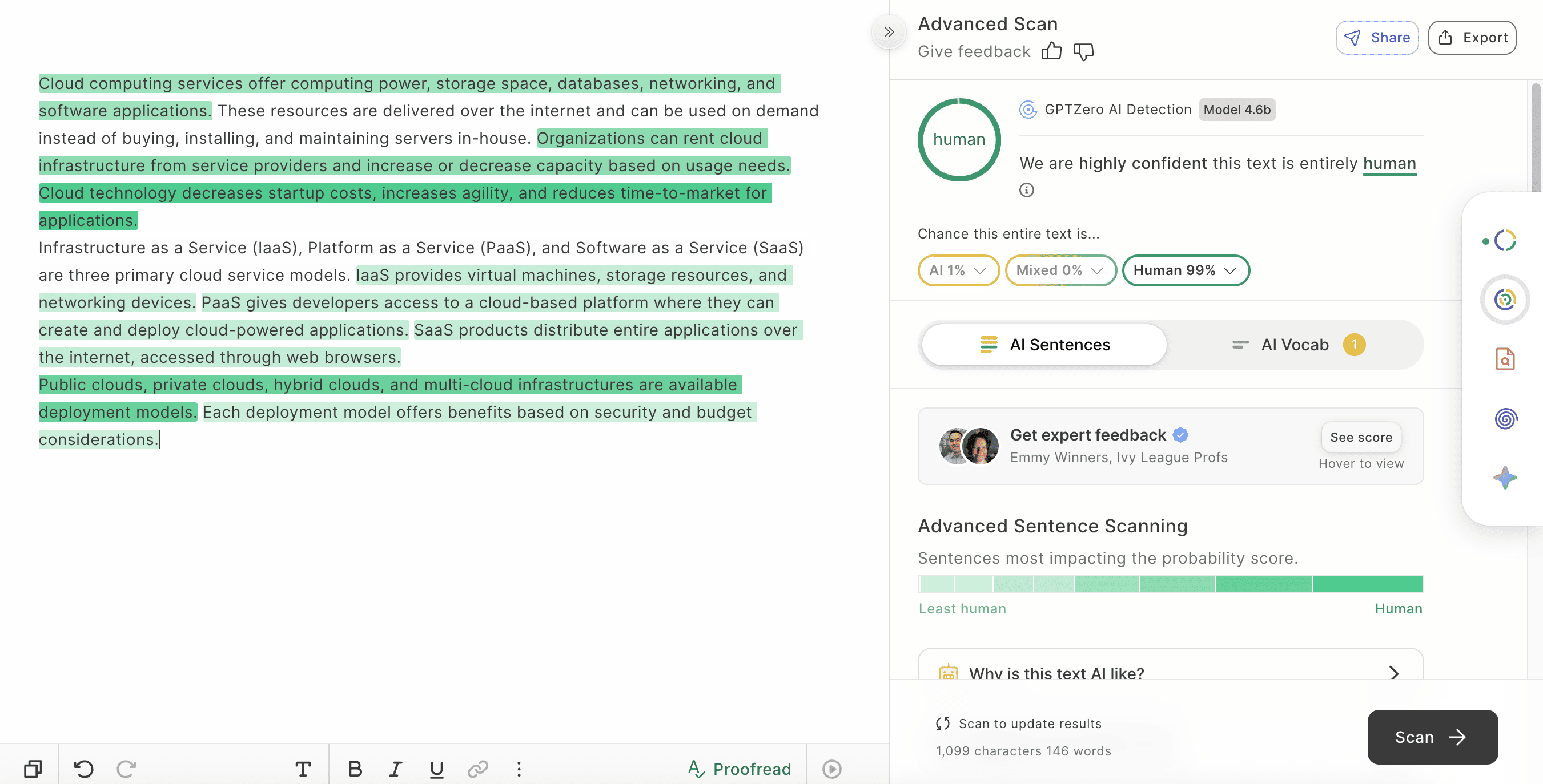 GPTZero result showing 99 percent human for Phrasly technical content