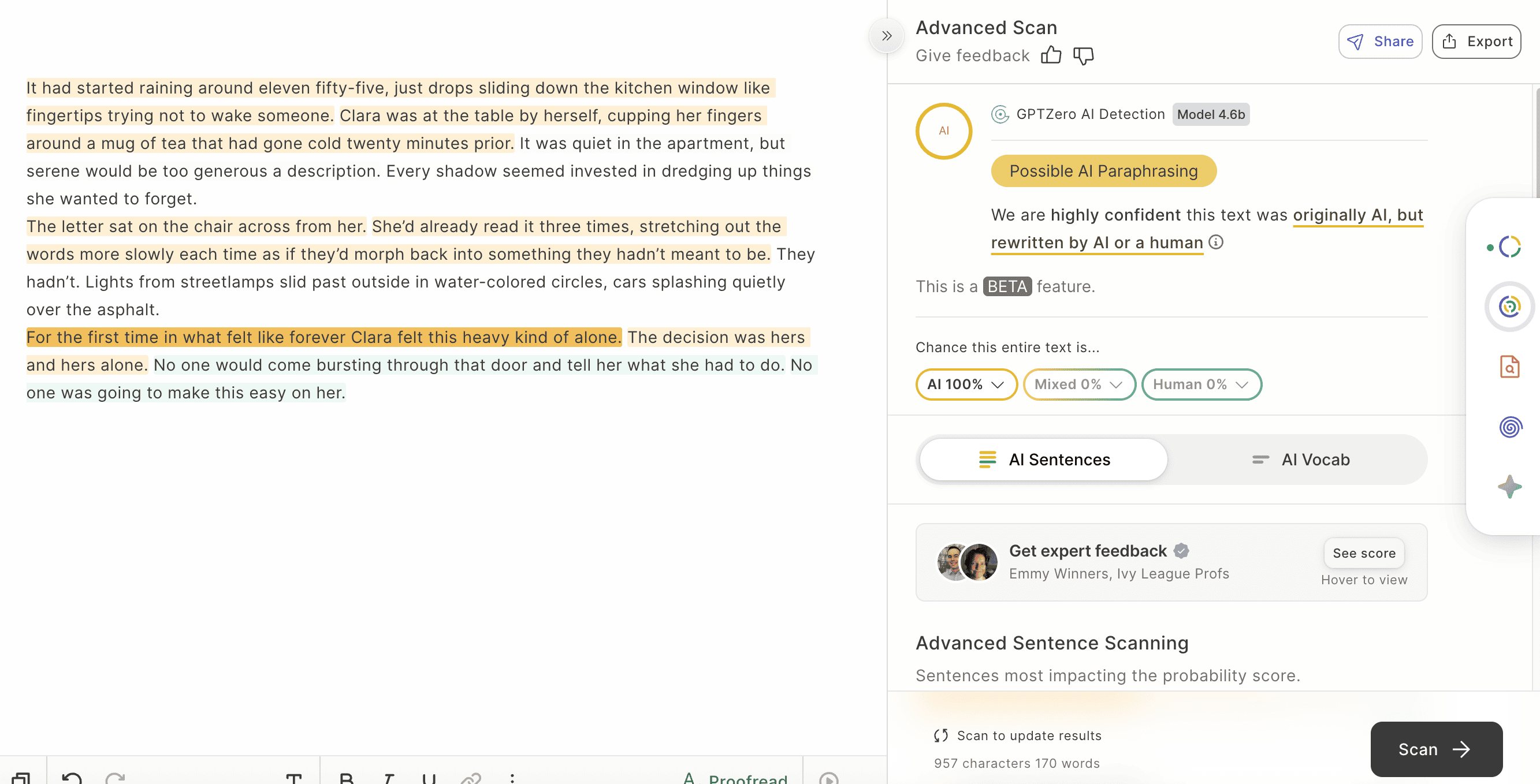 GPTZero result showing 100 percent AI for Phrasly creative writing