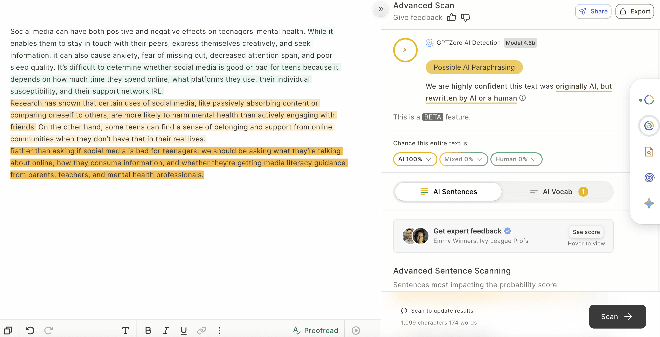 GPTZero result showing 100 percent AI for Phrasly academic essay content