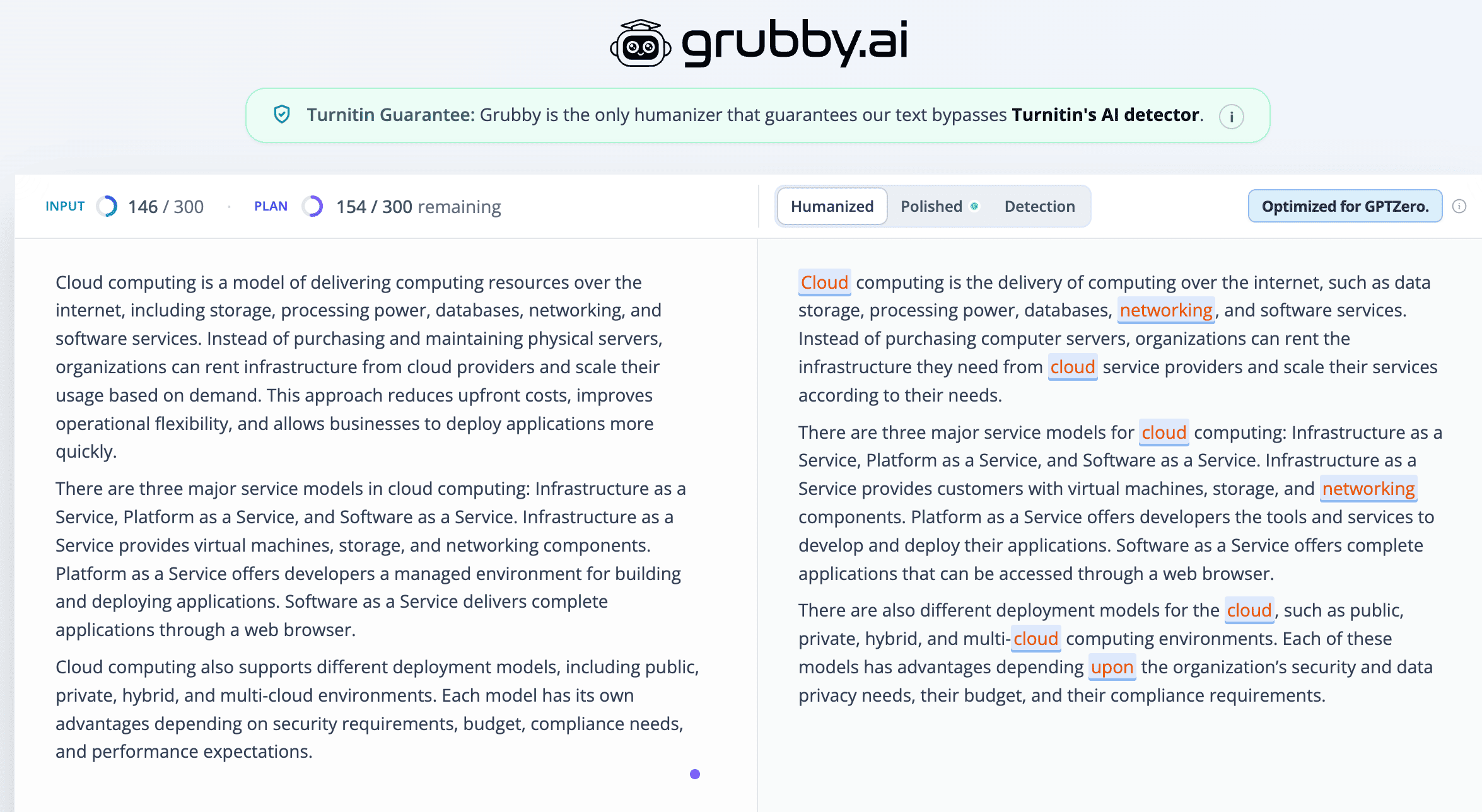 Grubby AI technical content humanization test screenshot