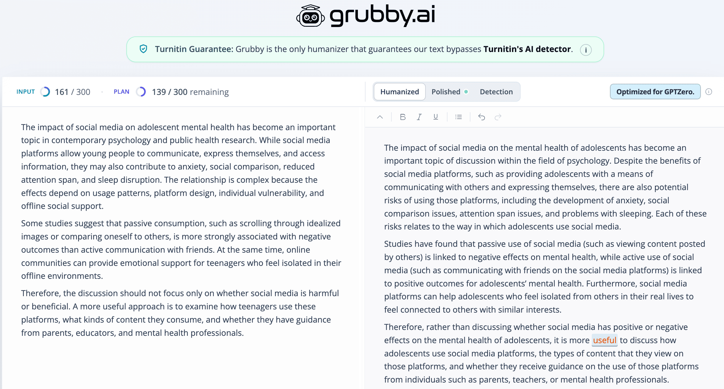 Grubby AI academic essay style humanization test screenshot