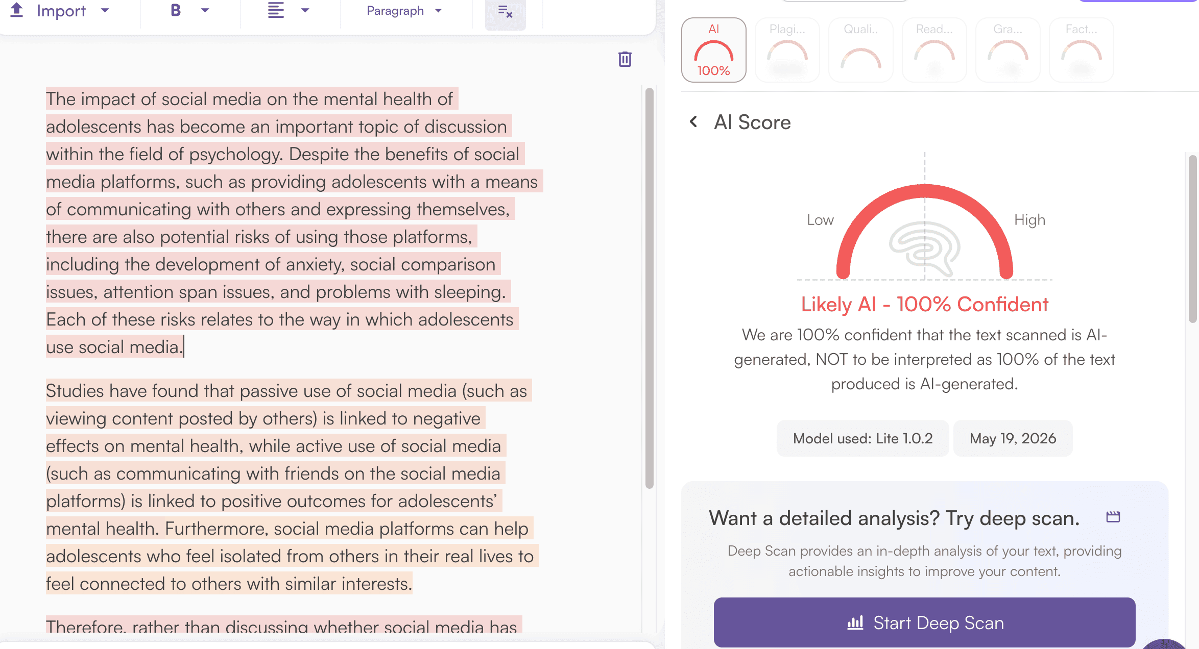 Originality AI result showing 100 percent AI for Grubby academic essay content