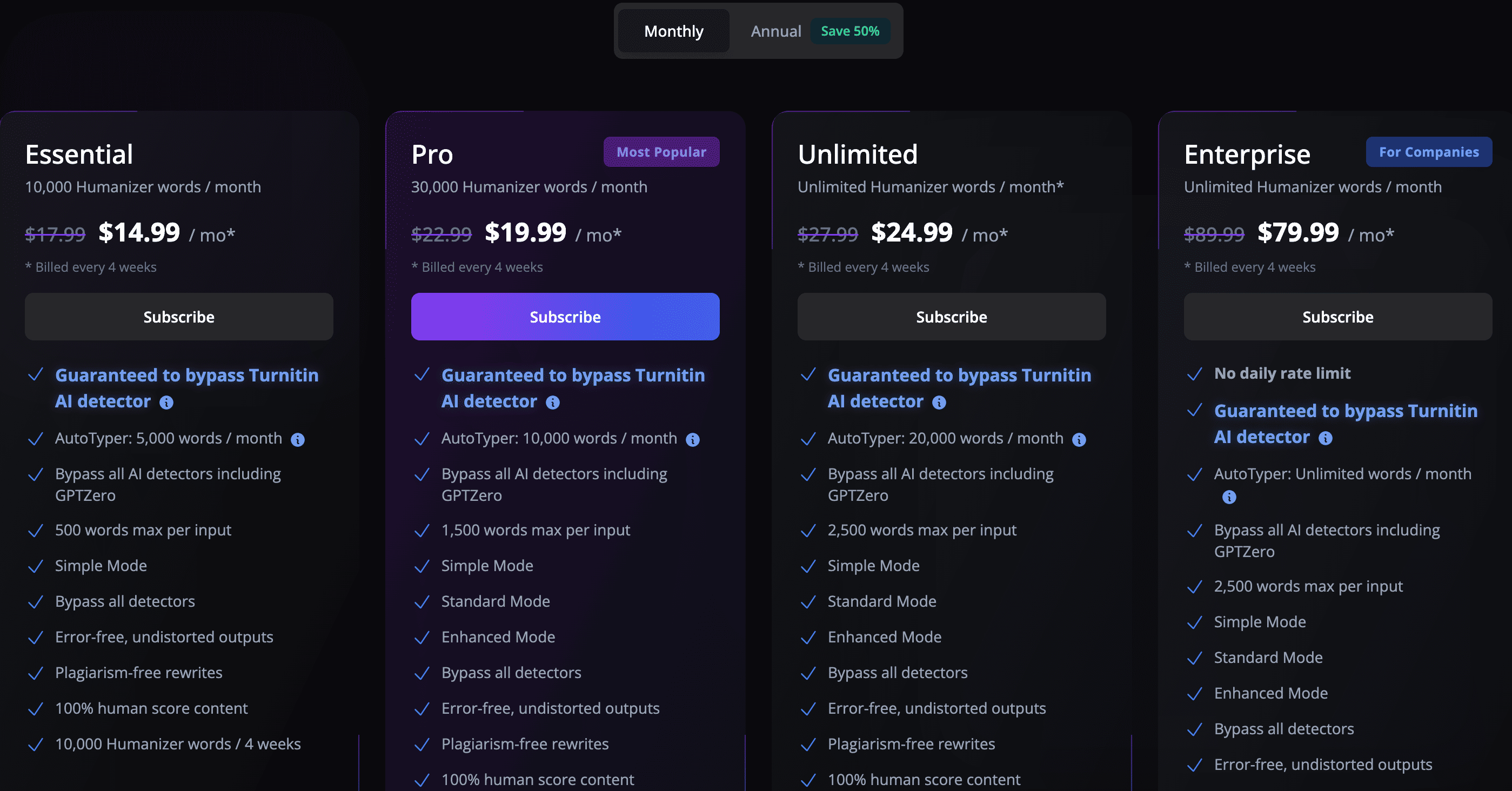 Grubby AI pricing plans screenshot