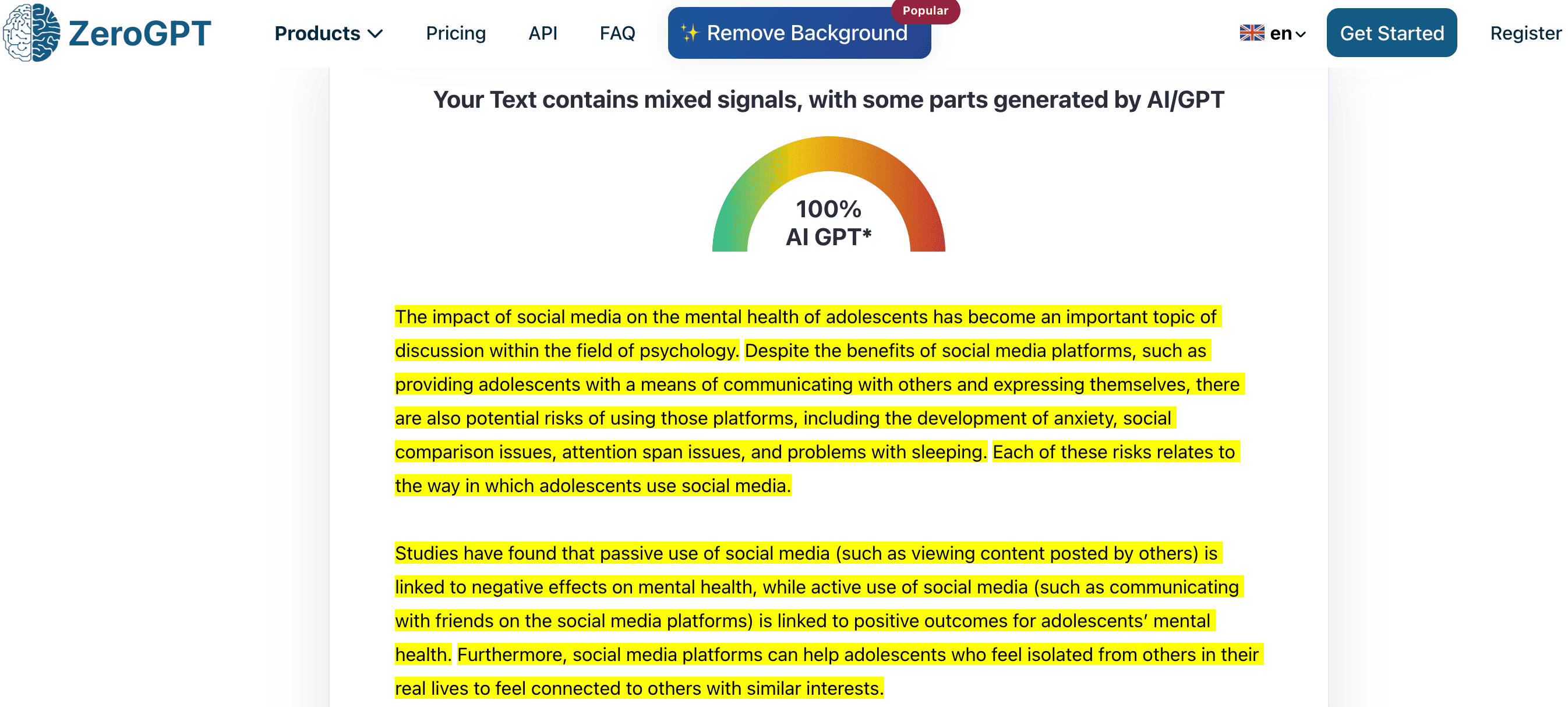 ZeroGPT result showing 100 percent AI for Grubby academic essay content