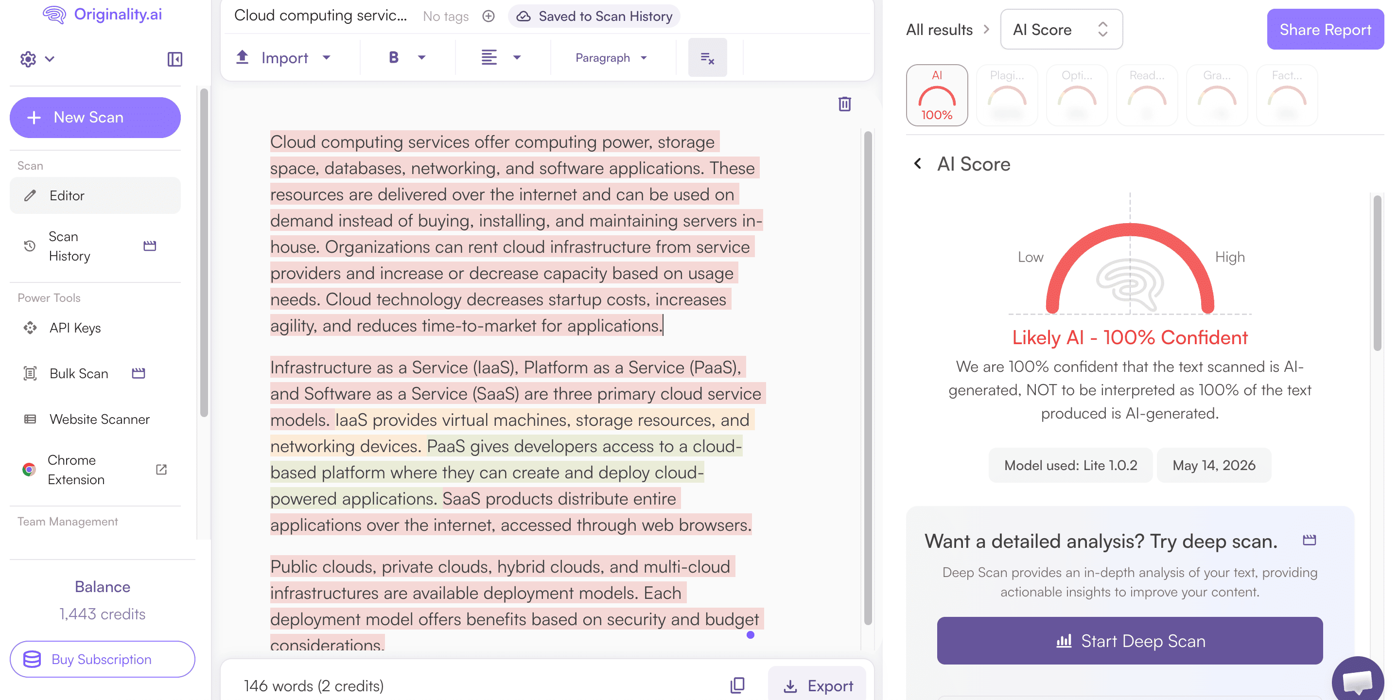 Originality AI result showing 100 percent AI for Phrasly technical content