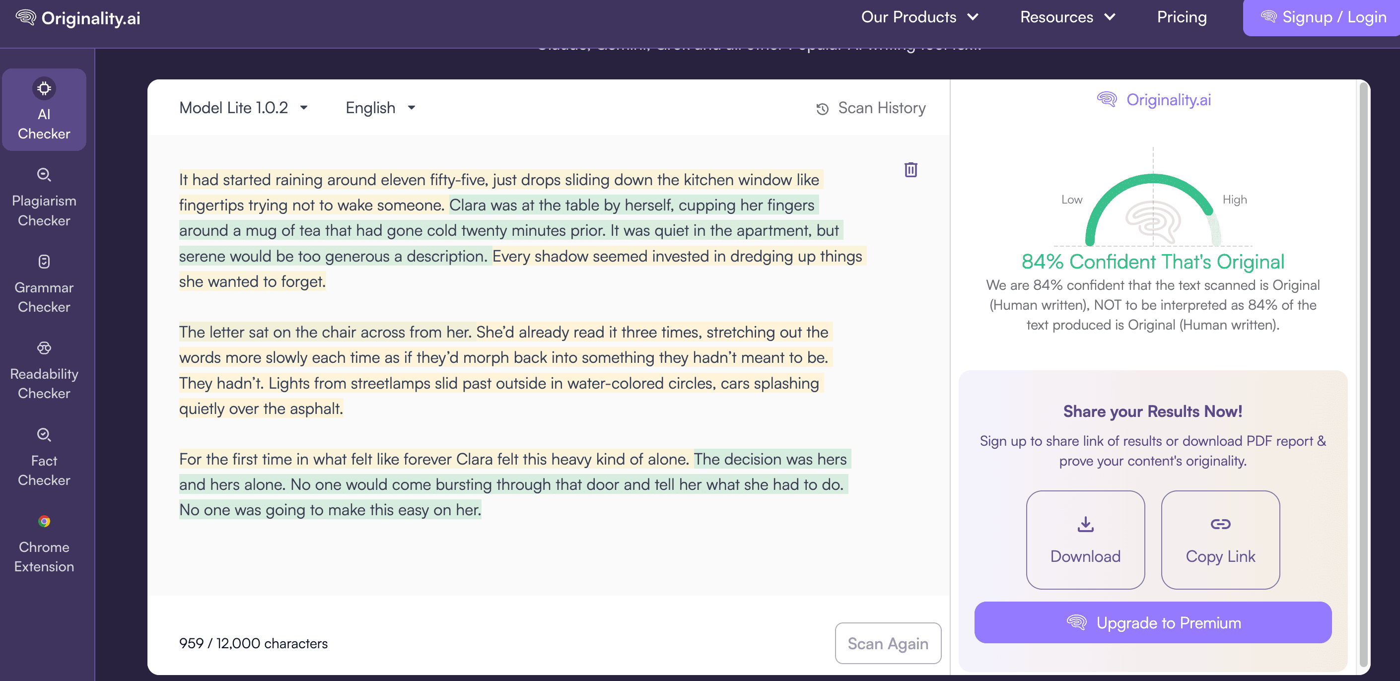 Originality AI result showing 84 percent human for Phrasly creative writing