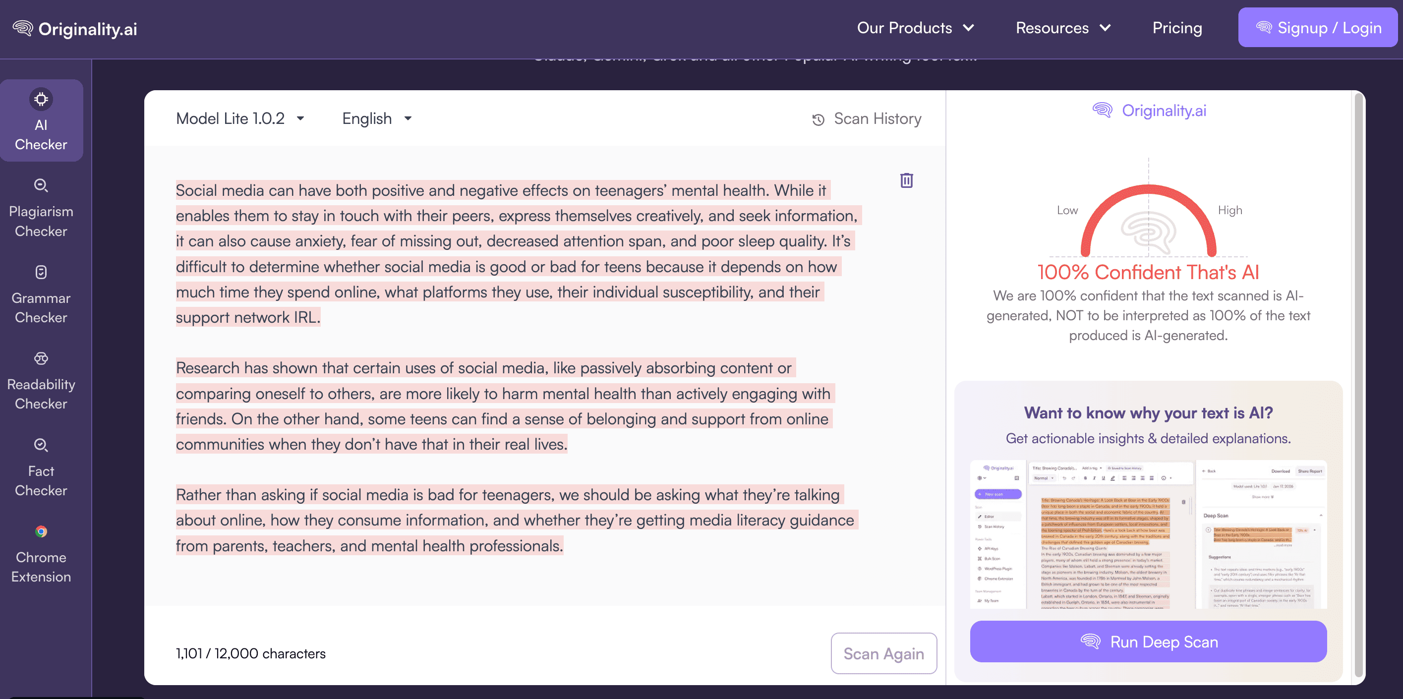 Originality AI result showing 100 percent human for Phrasly academic essay content