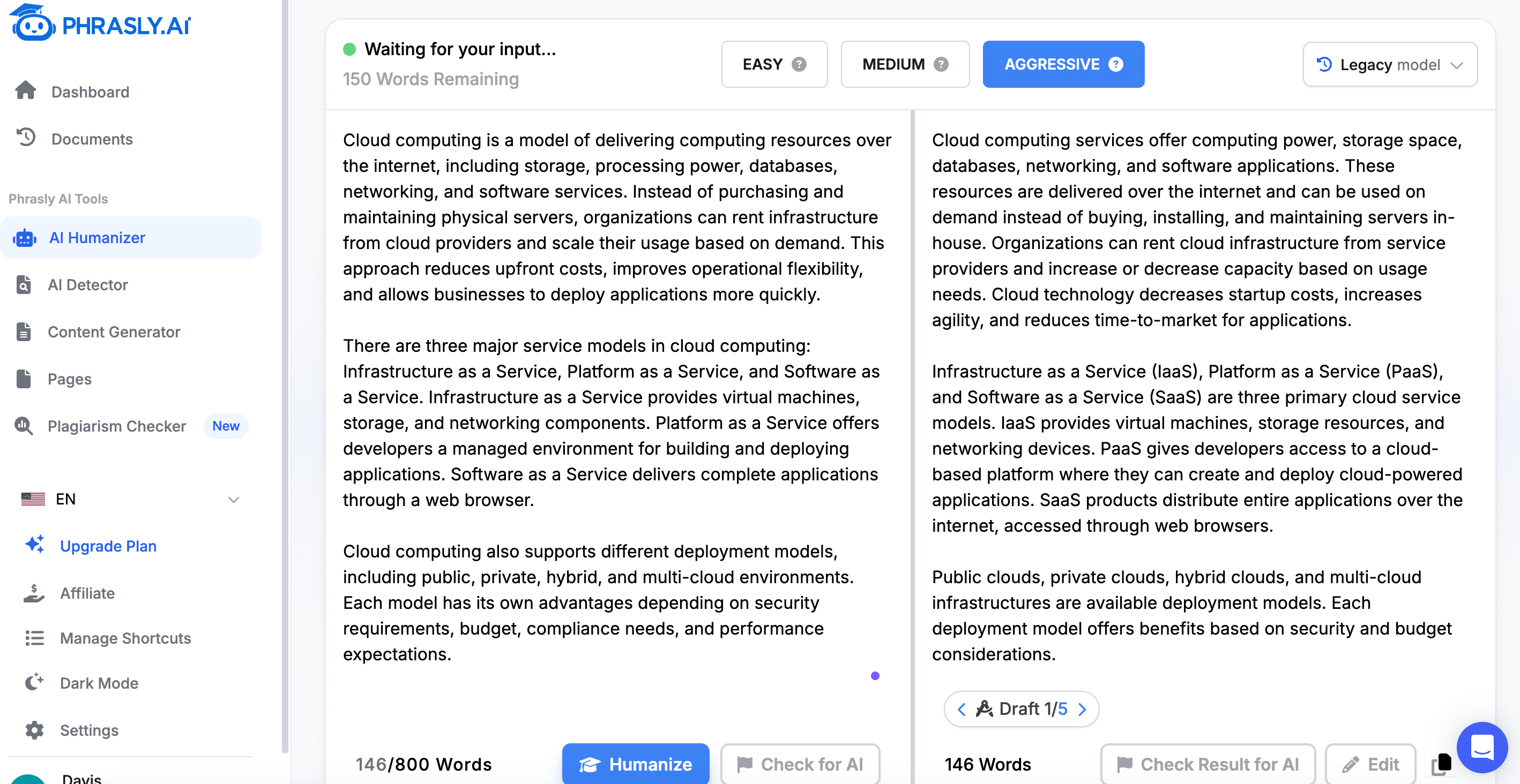 Phrasly AI technical content humanization test screenshot