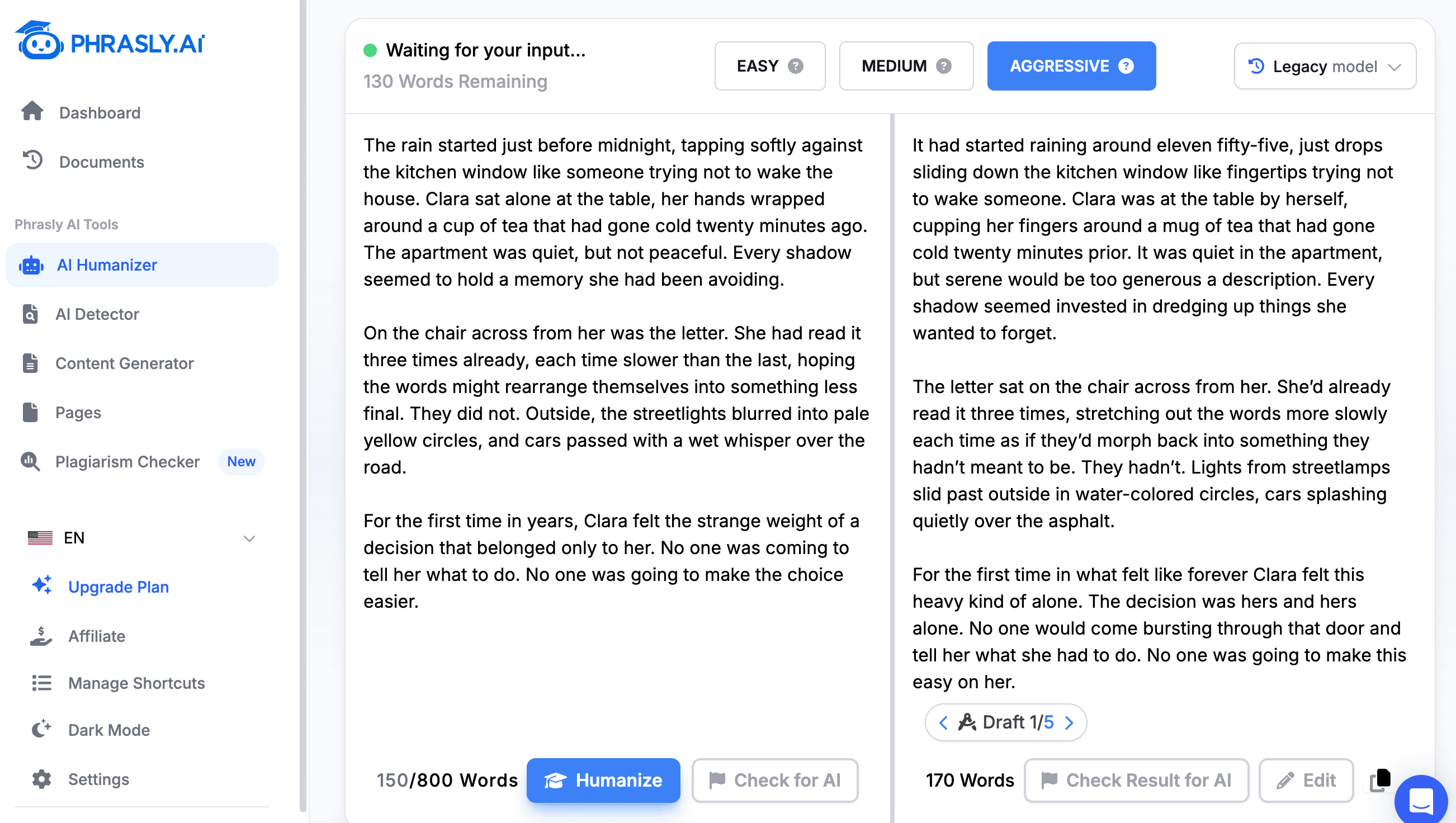 Phrasly AI creative writing humanization test screenshot