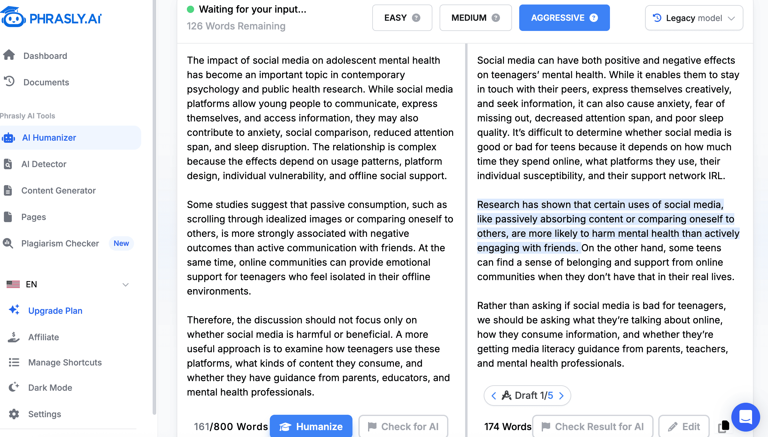 Phrasly AI academic essay style humanization test screenshot