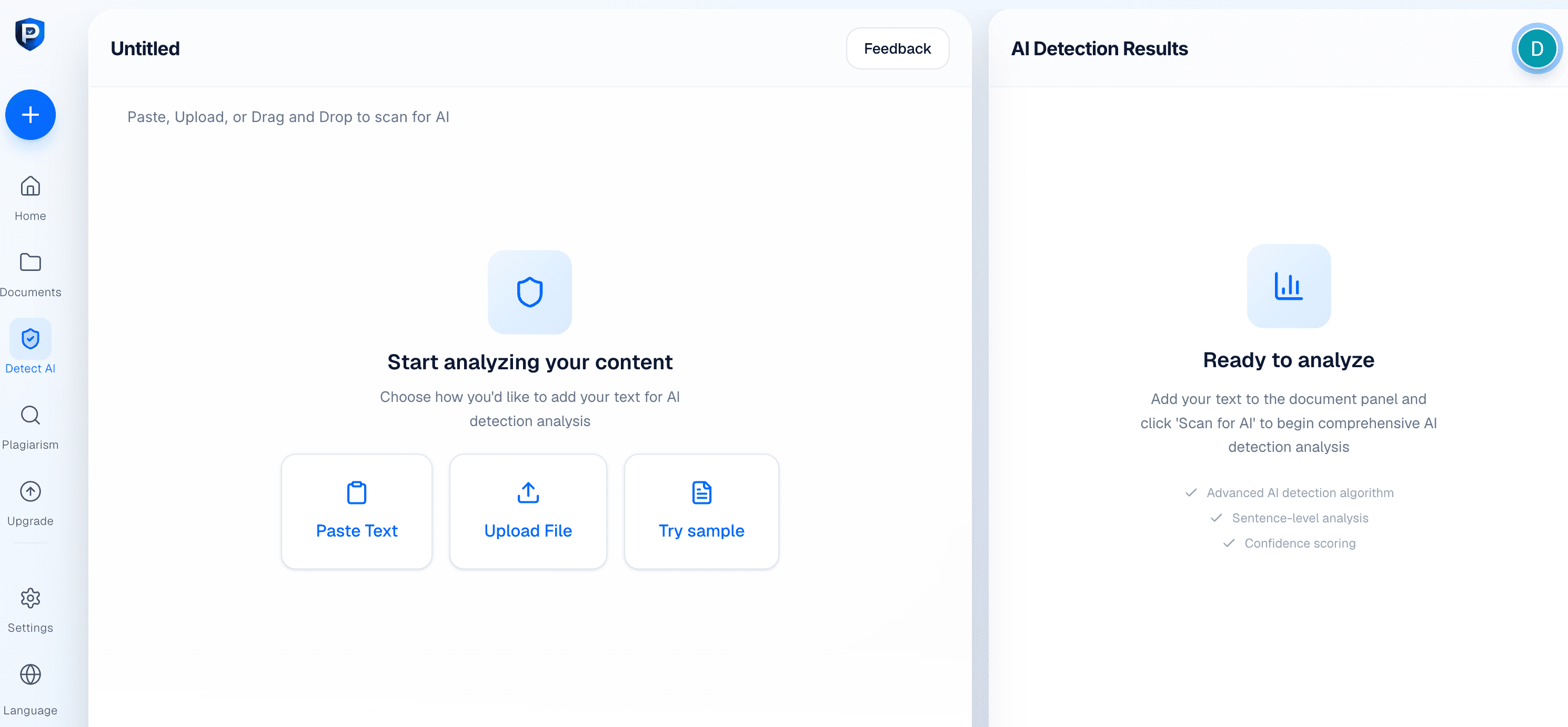 Proofademic dashboard screenshot showing AI detection workspace