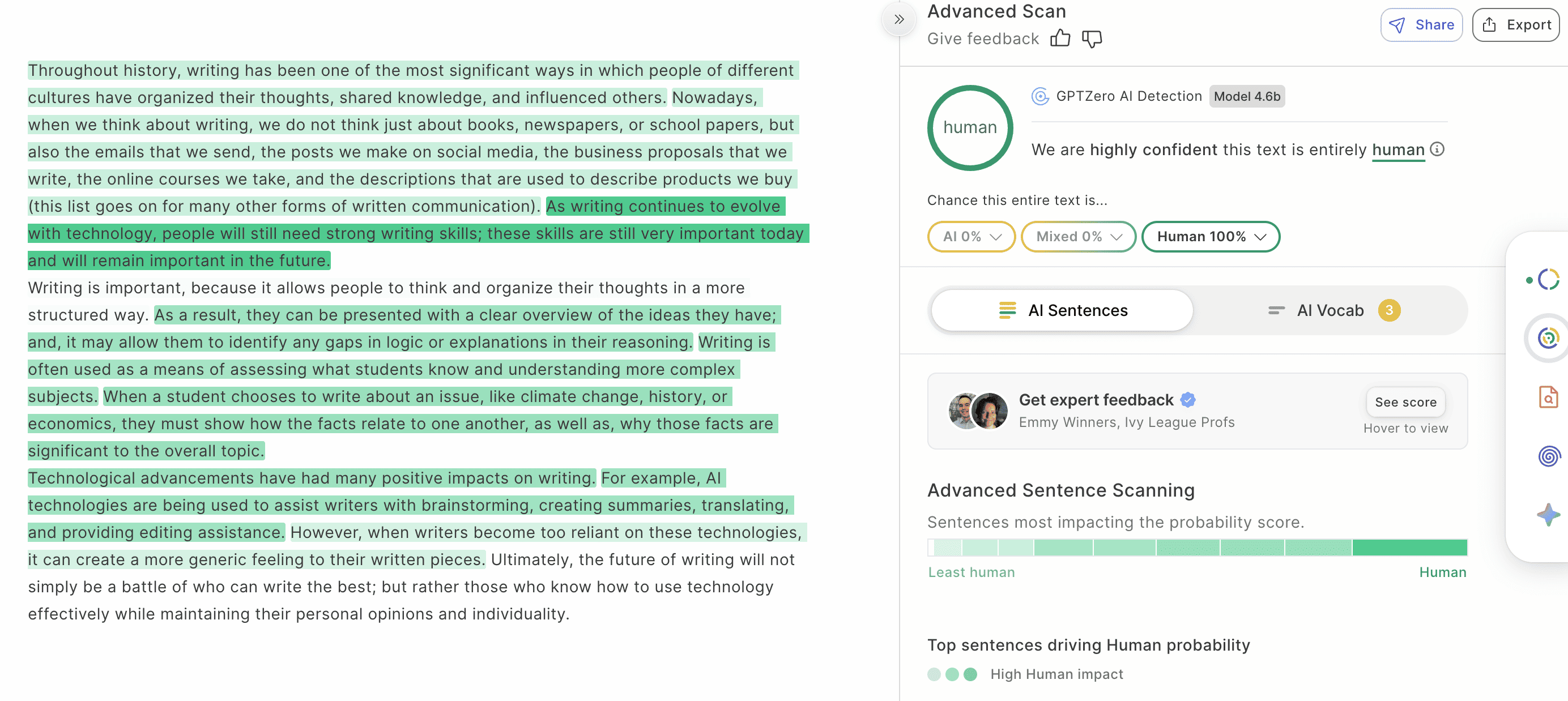 GPTZero false positive test result for human-written article