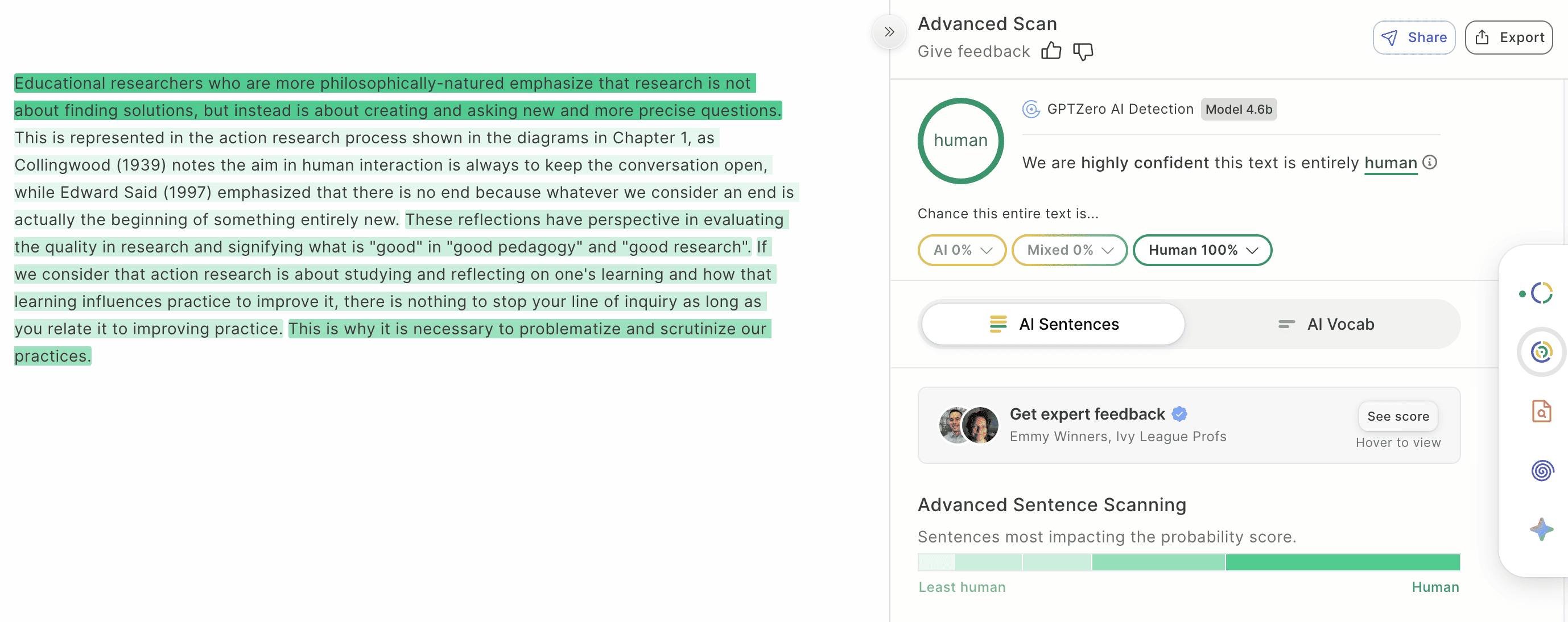 GPTZero result for Ryter Pro humanized AI text test