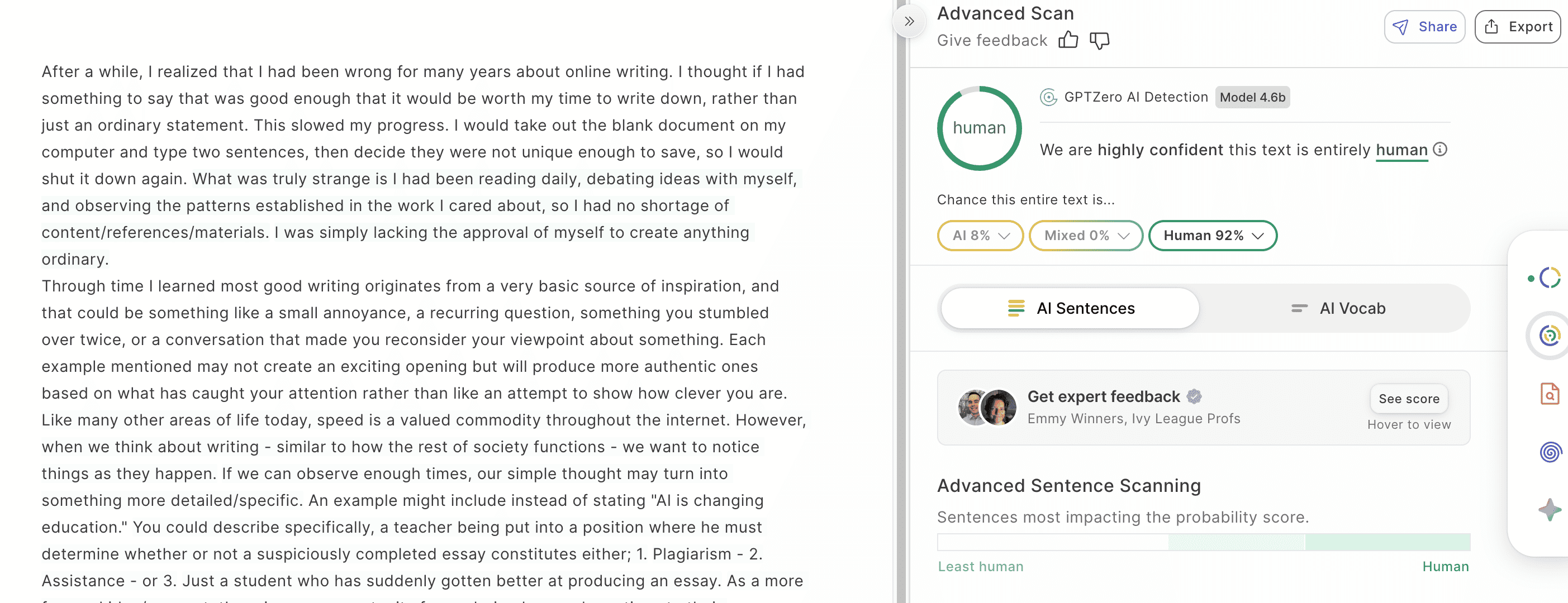 GPTZero result for ESL student essay test