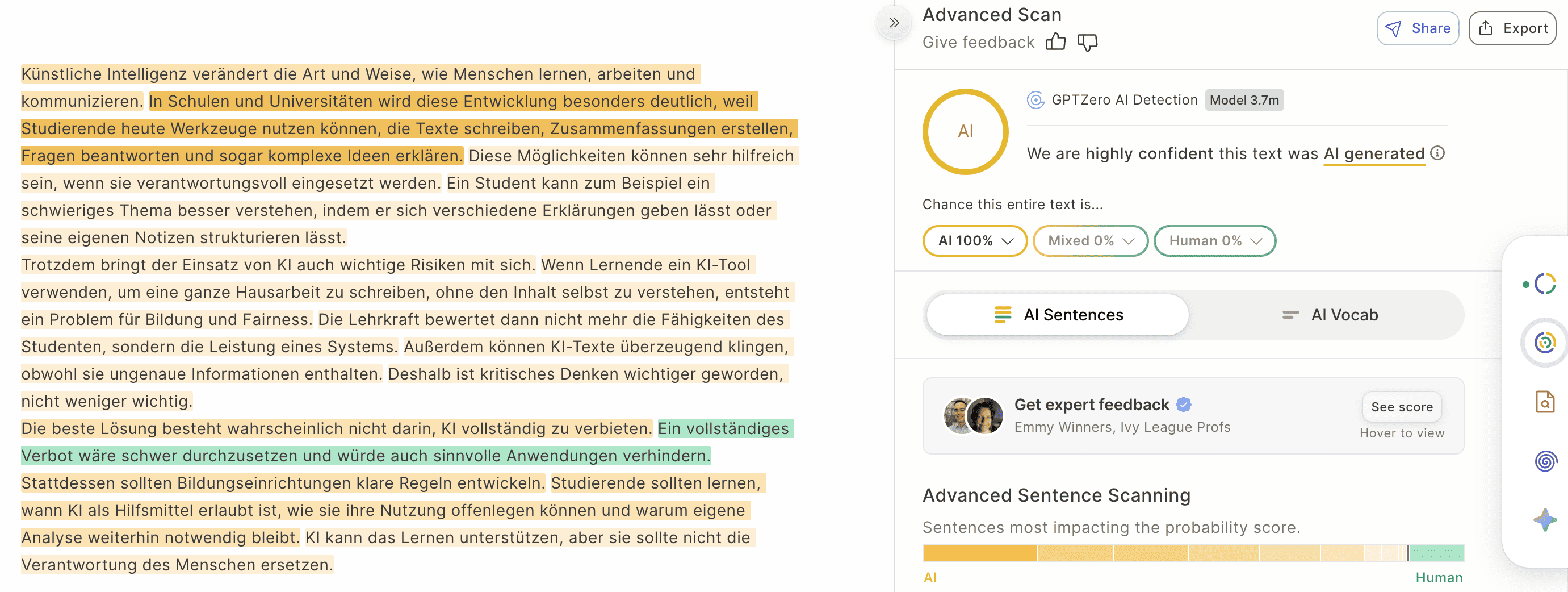 GPTZero multilingual result for German AI essay