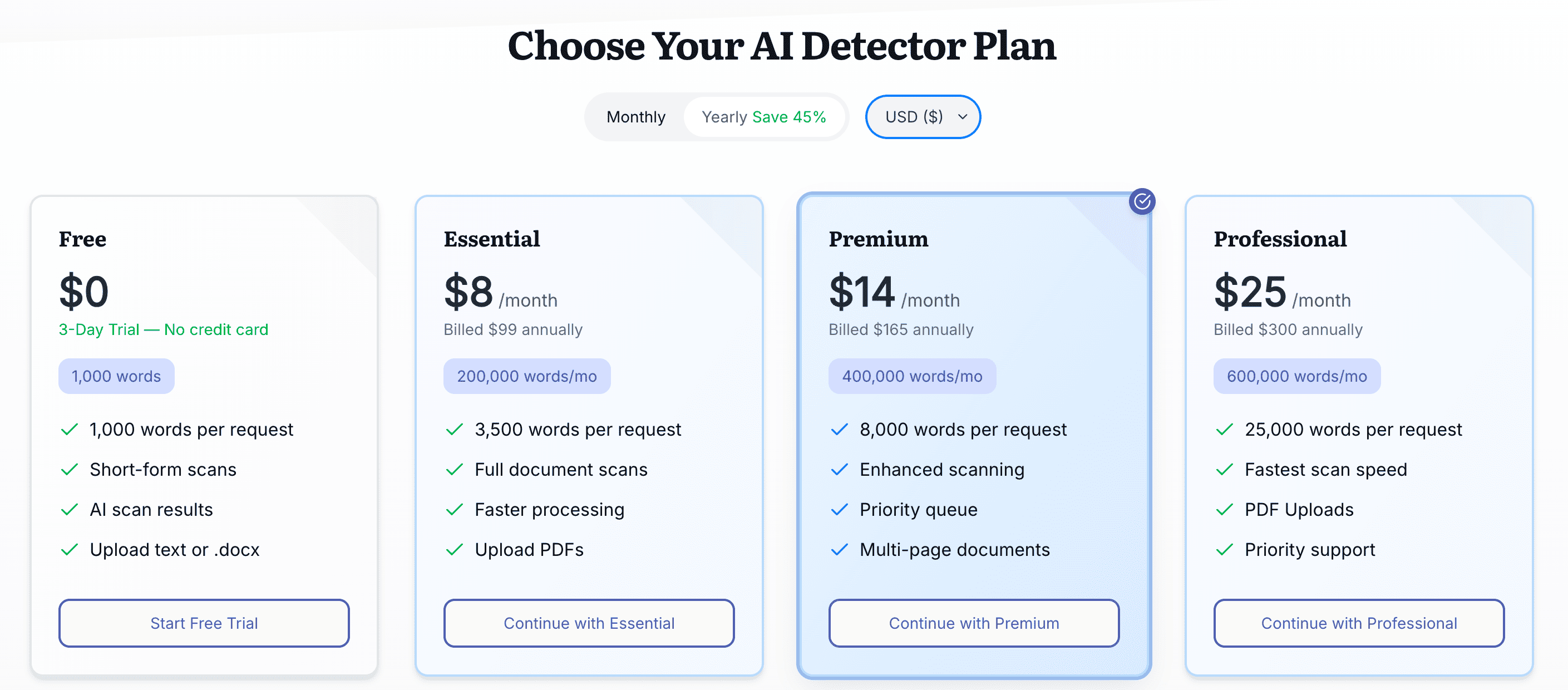Proofademic pricing plans screenshot