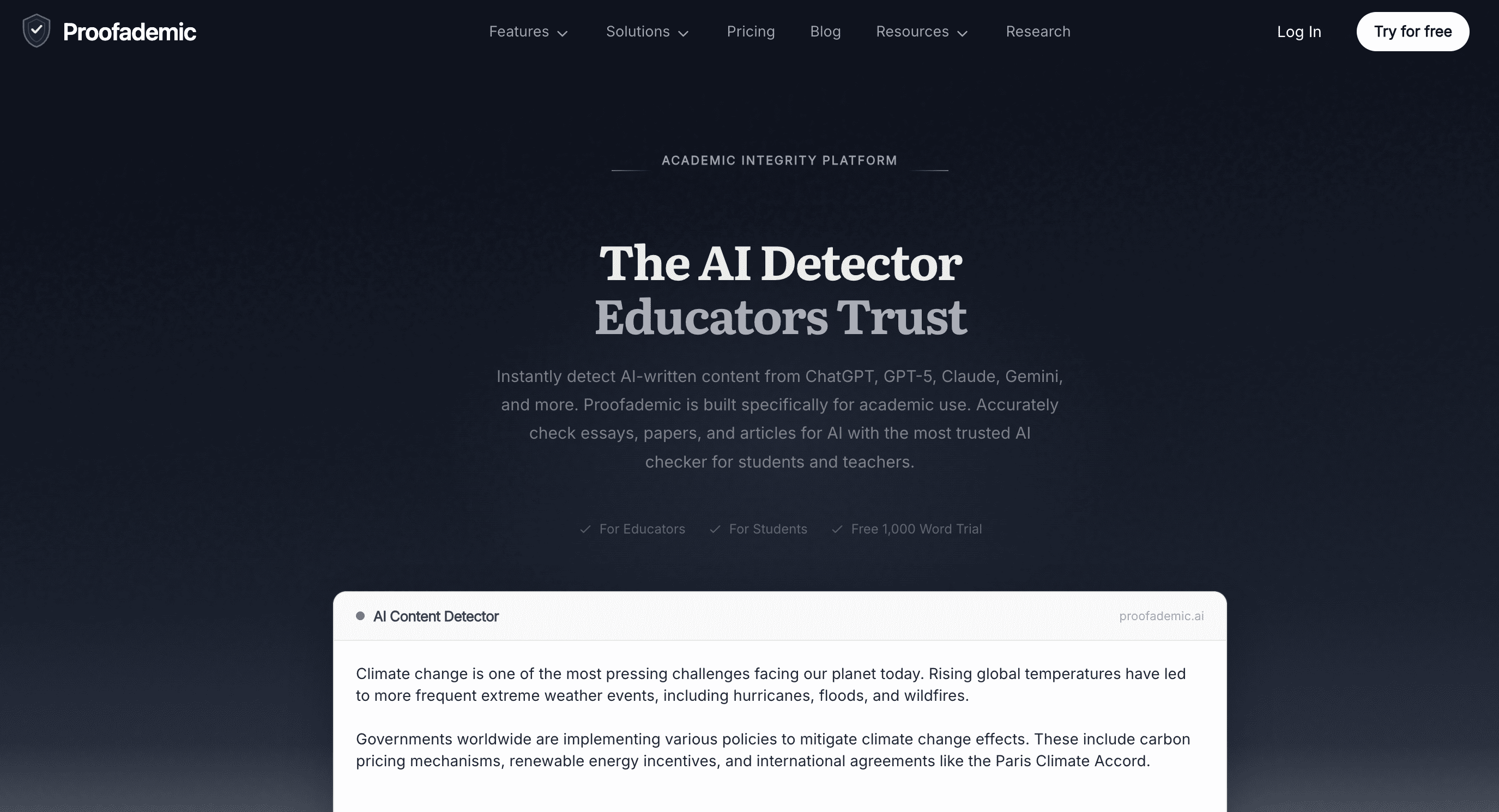 Proofademic AI detector homepage screenshot